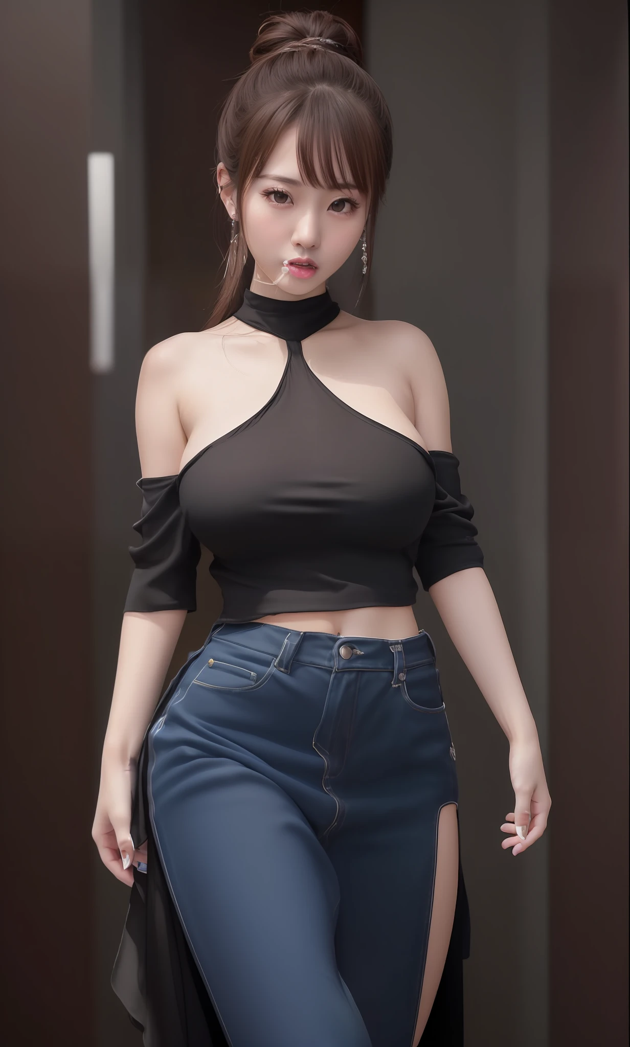 masterpiece, best quality, extremely detailed 8k, ultra hd, ultra-detailed, highly detailed, highly realistic, ultra-realistic, hyperrealistic, (1 girl:1.5), (solo:1.5), (beautiful cute Taiwanese Idol woman:1.6), (beautiful cute JAV Idol woman:1.5), anatomically correct, (detailed realistic skin), (realistic big breasts), slender abs, (closed mouth:1.45), nsfw,