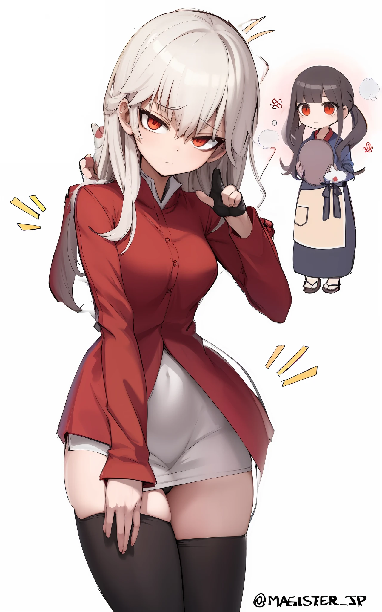 Anime-style graphics,There was a girl in a red jacket and a gray dress,She was holding a black cat。This loli looks petite,Beautiful curves。She pointed in a certain direction with her index finger。The figure shows elements of the Edgey style and the Kantai series。Some influences of Shiga and Yuryūri Yuryū can also be added here,and anime style,Like fate。Please note,It was a scene for one night stay。Don't include girl art in your tips。