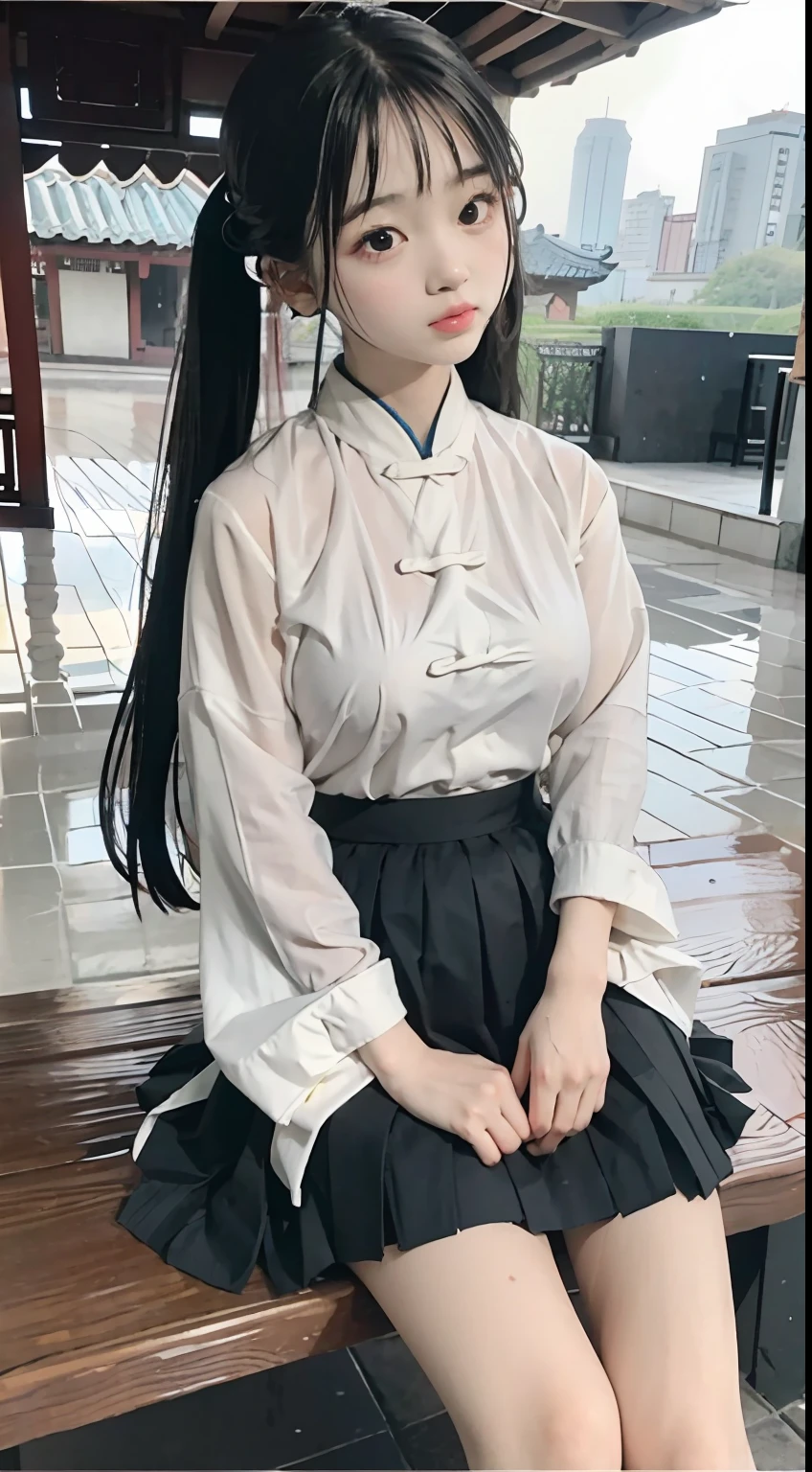 Master quality, highest quality, best picture quality, exaggerated details, a cute 8 year old asian little girl with a shy expression, slightly squinted eyes, adjusting her hair, long eyelashes (long hair / very, very exaggerated big breasts _ tits / in hanfu chinese, short skirt), posing sit in front of the camera, wet throught rain, wet breast under wear