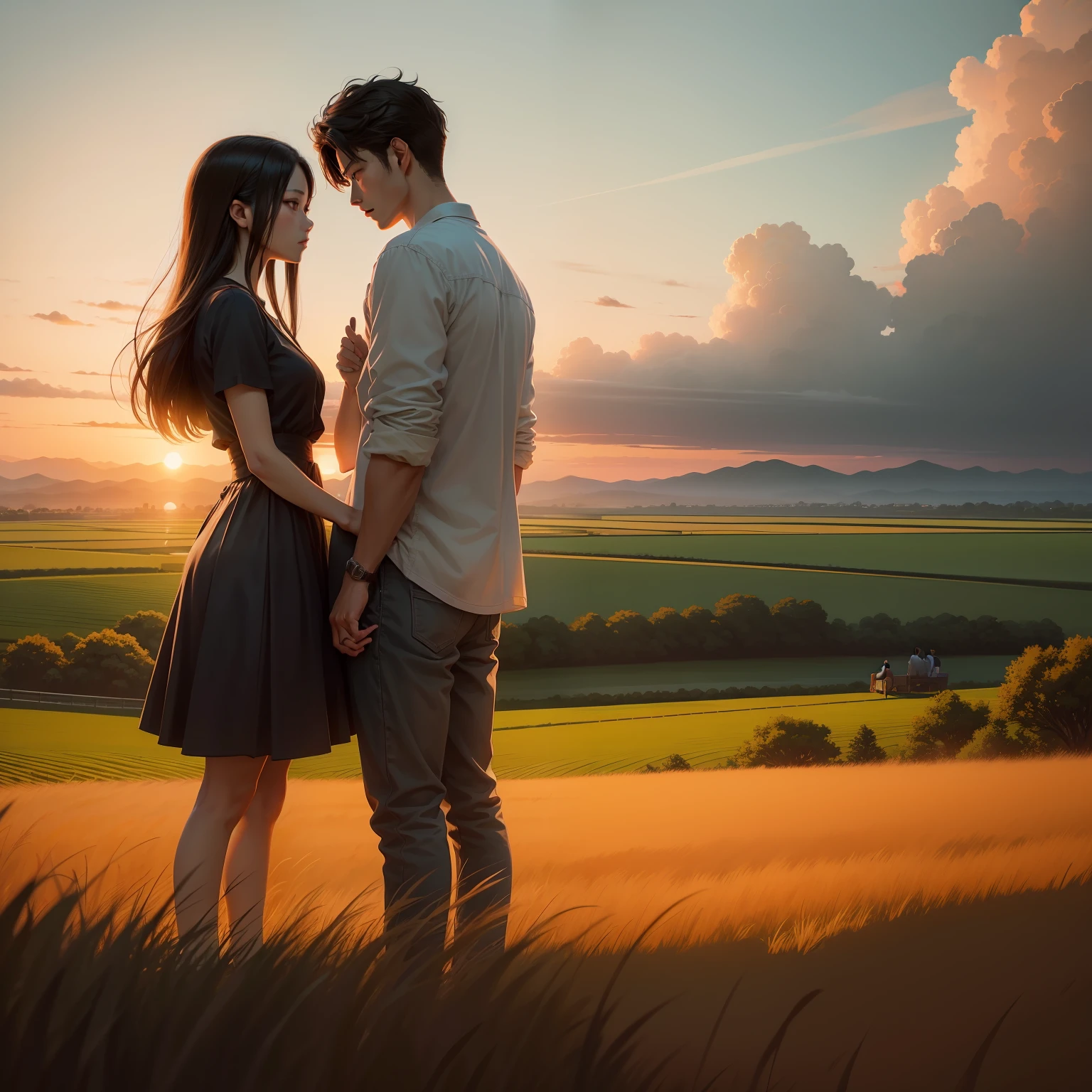 A young couple，Watch the sunset from the edge of the field，Miyazaki painting style，Very caring。The man is handsome，The woman is beautiful。high high quality