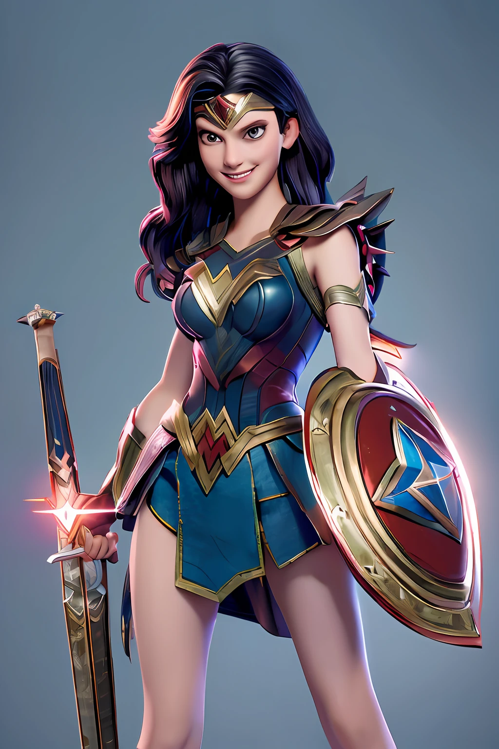 (Masterpiece:1.4), (best qualtiy:1.4), (high resolution:1.4),wonder women,Sword and shield in hand,Offensive stance,Smile, during night, view the viewer,