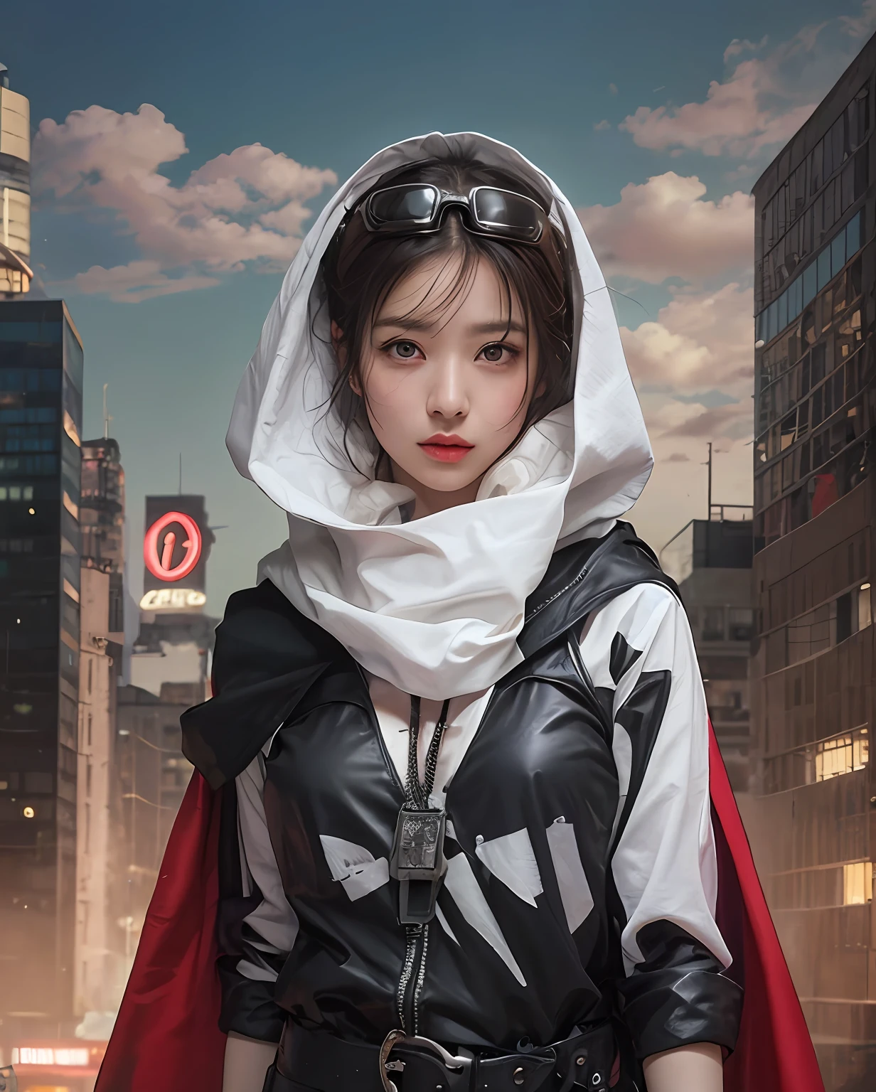 Bad ass girl in future city, oversize shirt with hood, cyborg arms, neckleace, goggles, long scarf, cape, rooftop, cityscapes, masterpiece, best quality, highres, close-up, (high detailed skin:1.2), (glistening skin:1.15), cyberpunk,, 1girl, Best quality, masterpiece, ultra high res, raw photo, potrait, (photorealistic:1.4), detailed face, detailed eyes,