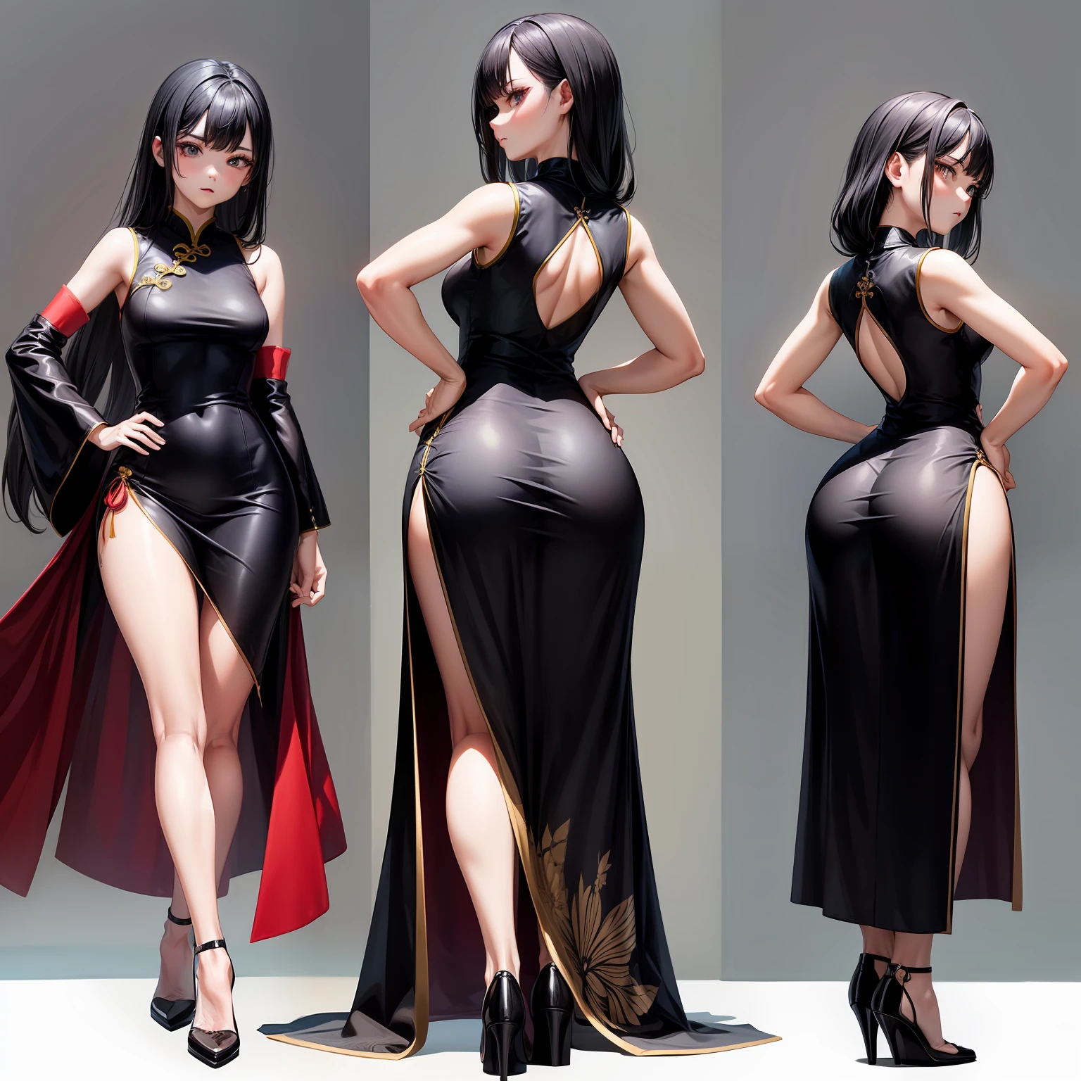Very long cheongsam,Sleeveless,black in color,Full body photo,Back,hands on hips,Focus on the butt,The butt is round