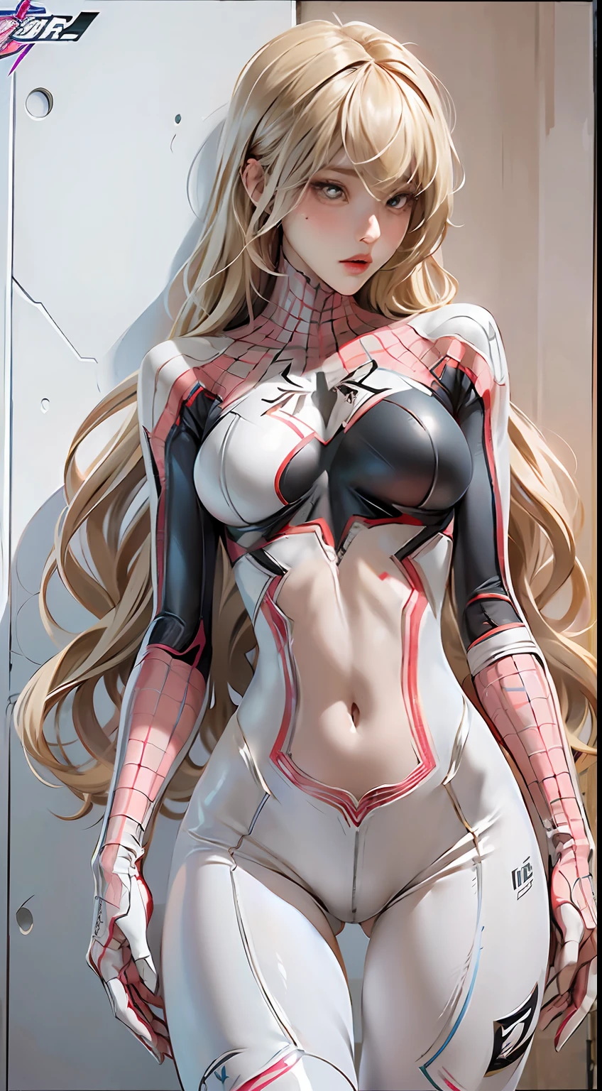Female version of Spider-Man, Gwen, white ultra-thin tights, spider vector LOGO on chest, long blonde hair, cute