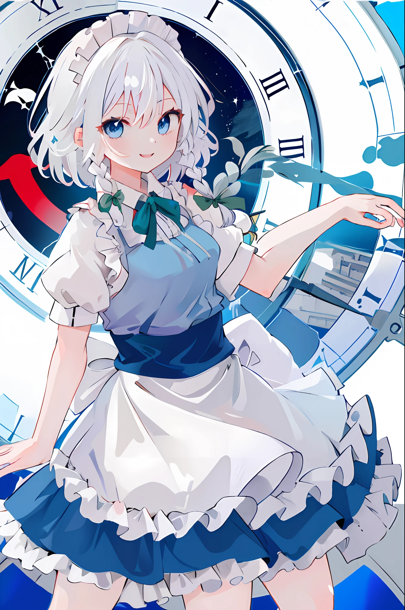 ​masterpiece, top-quality, Hi-Res, 1girl in, 独奏, sakuya1, Maids, blue eyess, white  hair, middlebreast, a smile, skirt by the,[[Fused fingers]], [[[[multiple limbs]]]]