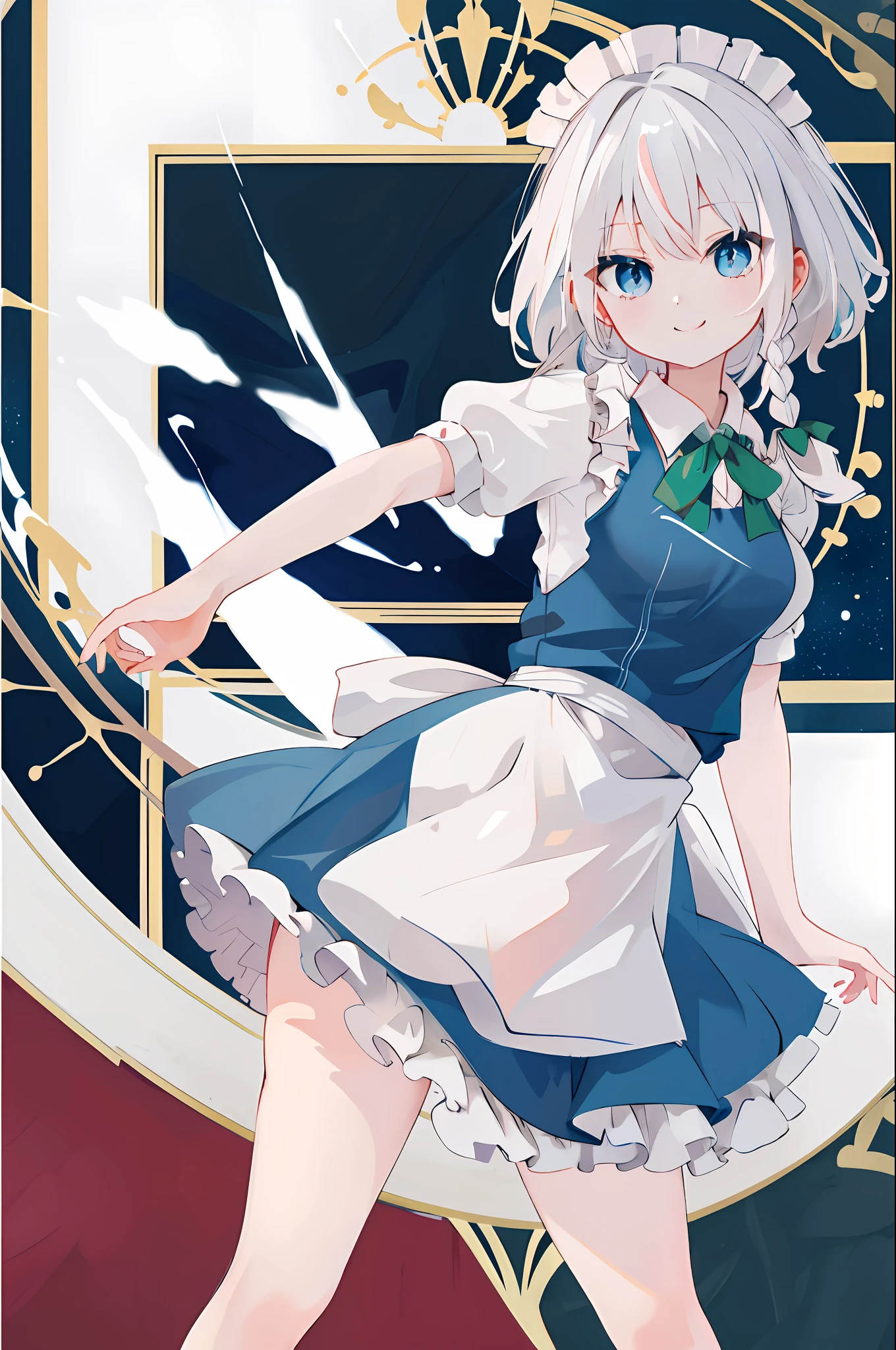 ​masterpiece, top-quality, Hi-Res, 1girl in, 独奏, sakuya1, Maids, blue eyess, white  hair, middlebreast, a smile, skirt by the,[[Fused fingers]], [[[[multiple limbs]]]]