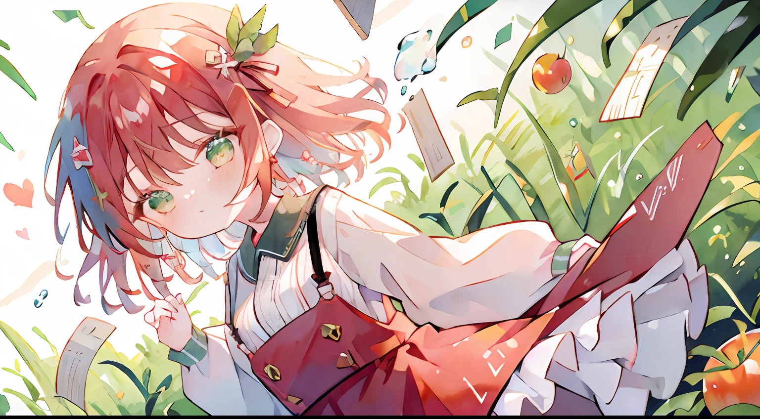 One girl、red hairs、Green Suspenders Skirt、Red blouse、Tomato hem on the head、cute little、grass field