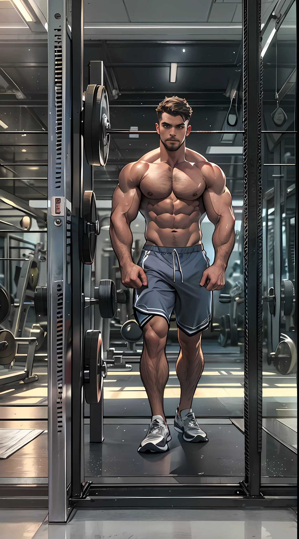 Muscular athlete, bare chest, lower body uncovered from thighs to feet, long flowing curls, meticulous muscle definition, lifelike portrayal, 4K quality. Background: Modern gym with exercise equipment and mirrors,32k uhd, best quality, masterpiece, super detail, high details
