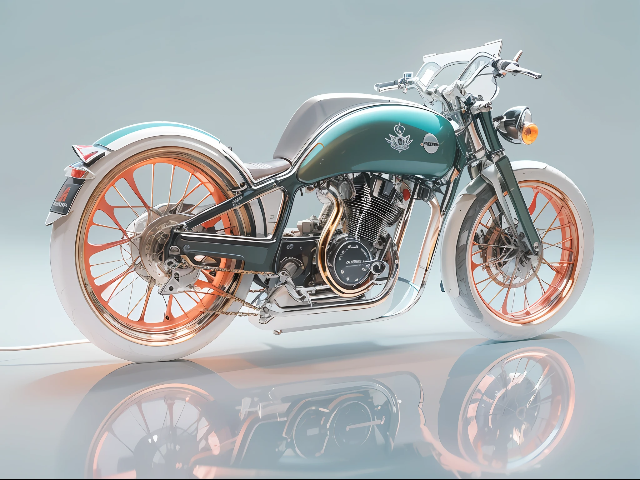 1 transparent sports touring bike, Colored Transparent plastic, Cyberpunk, Industrial design, clean, Luminous neon lamp, White background, Surrealism, UHD, high details, best quality, 4k