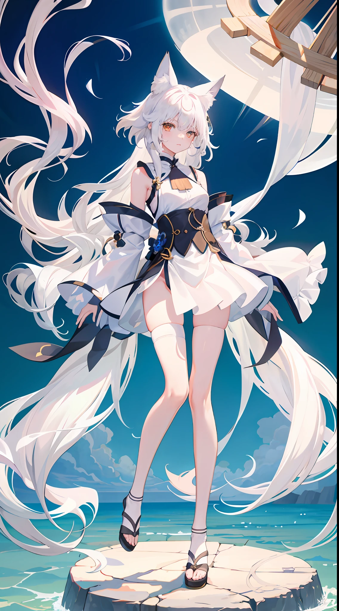 1girll, Full body like，White hair, long whitr hair，Messy hair，Translucent clothes，NSFW，White fox ears，White fox tail，比基尼，folds，folds，folds