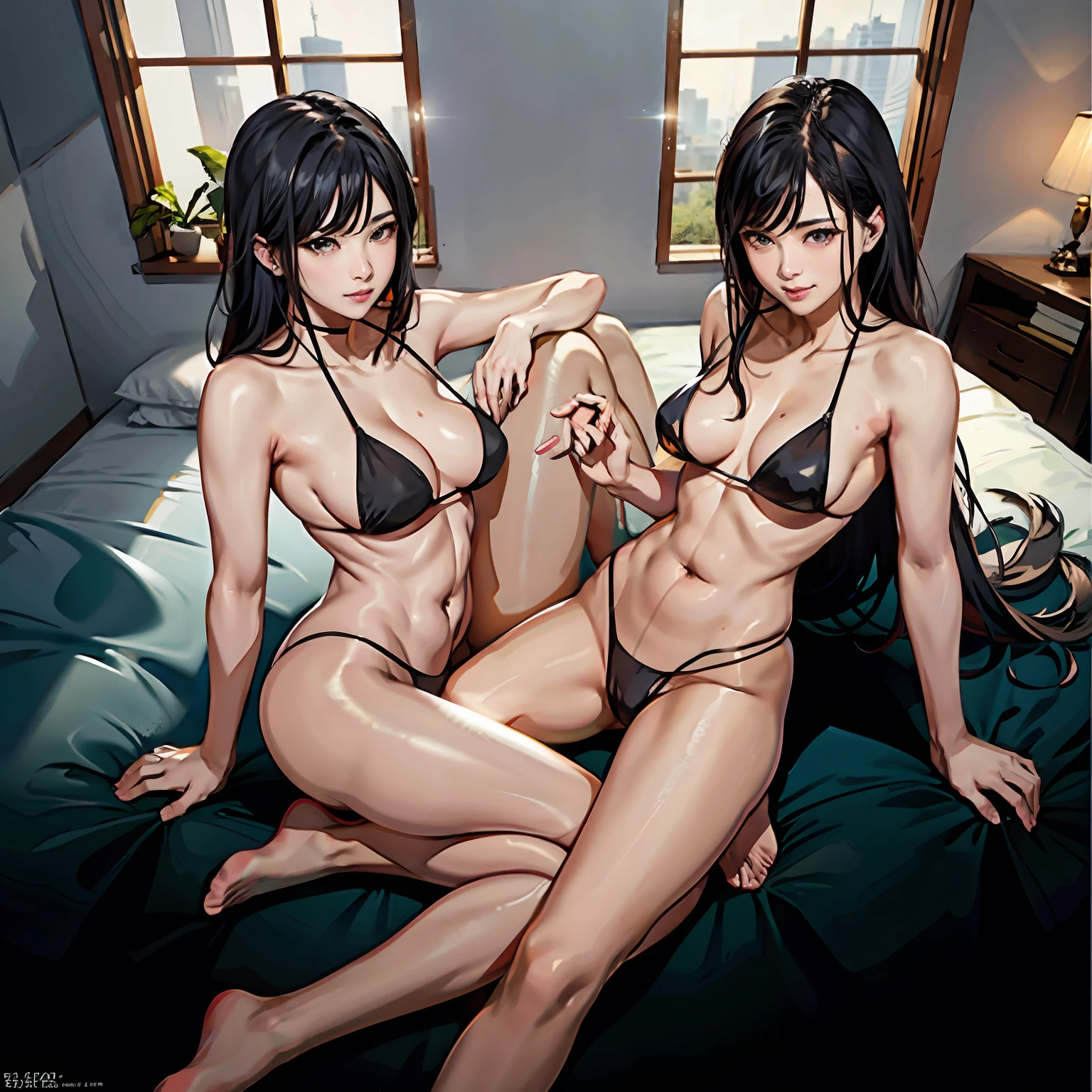There are two men and women in bikinis posing on the bed, roberto ferri and ruan jia, sexy movie photo, couple on bed, sexy dominant pose, couple, passionate pose, elegant seducing pose, various seducing poses, Korean, Wonderful, sakimichan and frank franzzeta, jordan grimmer and natasha tan, hot with shining sun, slideshow,Literary films,film art,电影灯光,cinematic compositions,Dramatic plot