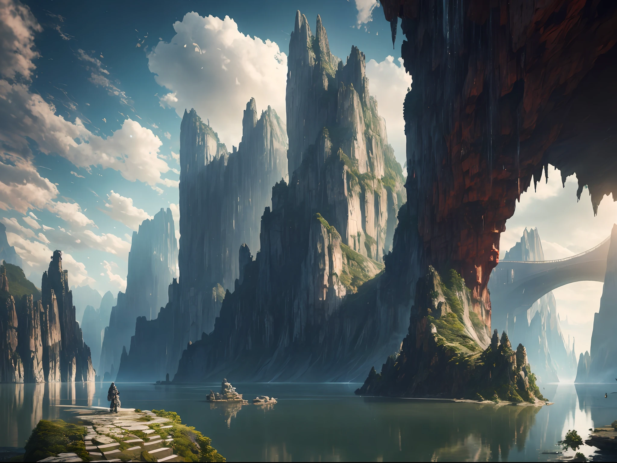 Masterpiece, best quality, high quality, extremely detailed CG unity 8k wallpaper, landscape, outdoor, sky, cloud, sky, no humans, mountain, landscape, water, tree, blue sky, waterfall, cliff, nature, lake, river , cloudy skies, award winning photography, bokeh, depth of field, HDR, bloom, chromatic aberration, photorealism, very detailed, trending on artstation, trending on CGsociety, intricate, high detail, dramatic, midjourney art
