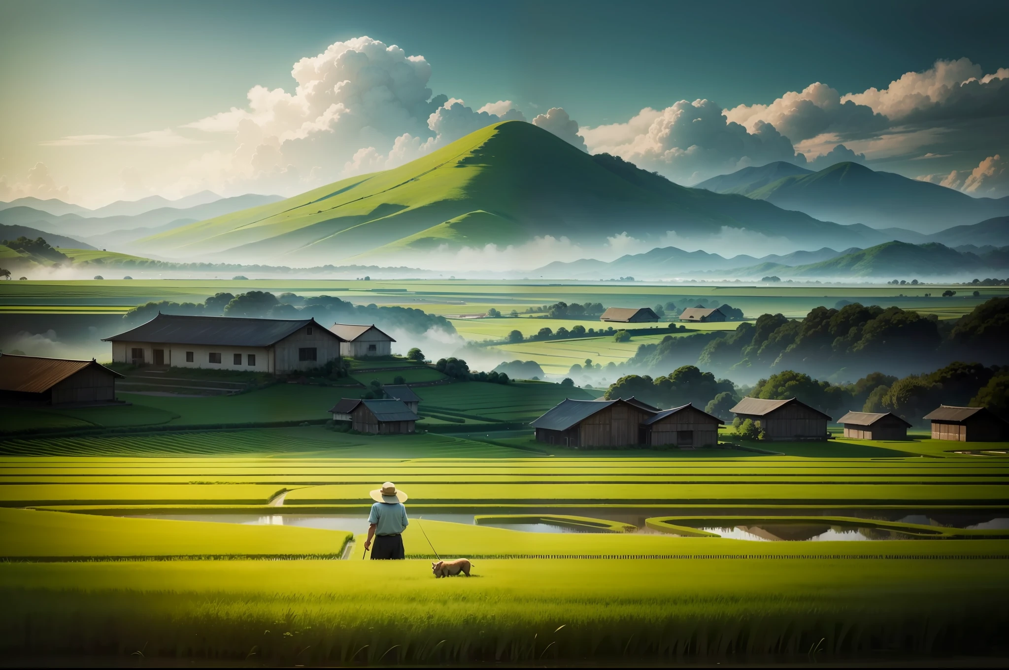 Expansive landscape photograph,(Above is the sky,Below are open fields),In the daytime,An old man stood on a flower field and looked up,Mature rice fields,Far Mountain,Lots of green,Simple and atmospheric painting style,dream magical,magical,Simple,succinct,Minimalist,