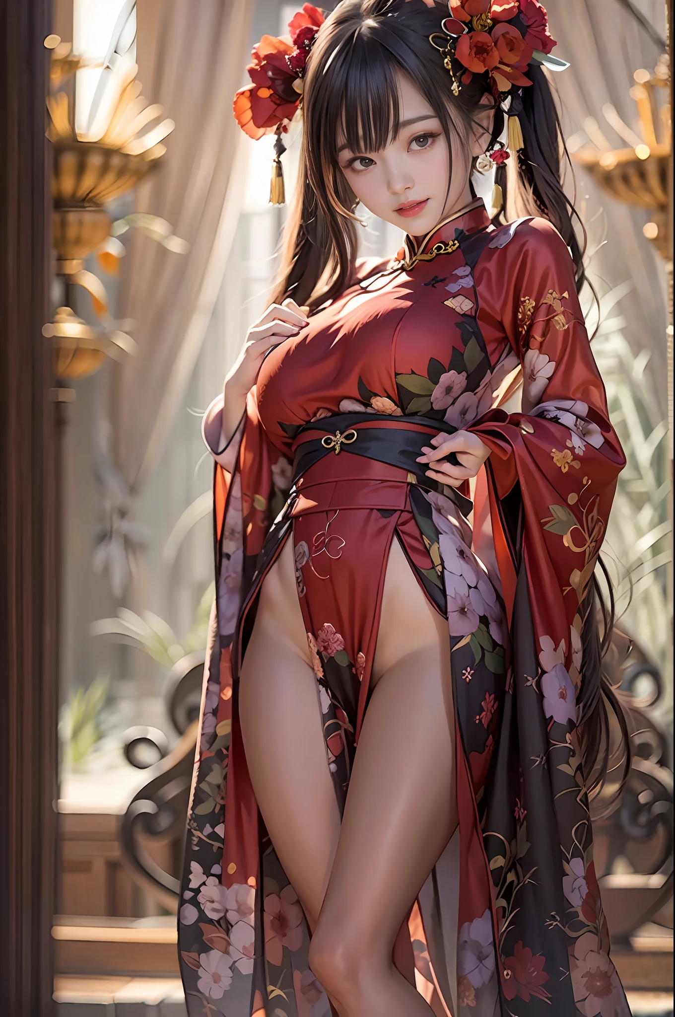 UHD, Masterpiece, High Quality, High Detail, Top Quality, Hi-Res, HD, 16k, 8k, 4K, Award-Winning BREAk, Surrealism, Realism, Depth of Field, Cinematic Lighting, Backlight, Symmetry, Bokeh, f/1.8, Eye Level Shot, 35mm, Hasselblad, Very Delicate and Beautiful, Very Detailed, Amazing, Fine Detail, Masterpiece, Best Quality, Official Art, Absurd, Incredibly ridiculous, Huge file size, Ultra detailed, High Definition, Very detailed, Beautiful detailed girl, (Cowboy Shot: 1.25), Break, Hair behind the ears, Happy tears, Flowing tears, (Serious smile: 1.35), Very detailed eyes and face, Beautiful detailed eyes, Face light, 18 years old, (Red luxury cheongsam: 1.3), (Fantasy themed clothes: 1.3), Detailed clothes, (black long straight hairstyle: 1.2), detailed hair, (slender: 1.15), (huge breasts: 1.25), perfect anatomy, perfect proportions, (Ancient Chinese room background: 1.25), detailed background, (looking at the viewer, facing the viewer: 1.15), (seductive model pose, spreading the legs, leaning forward, hands between the legs, from below, low angle: 1.25), ancient Chinese chamber light, sword, Japan sword, sword, samurai,