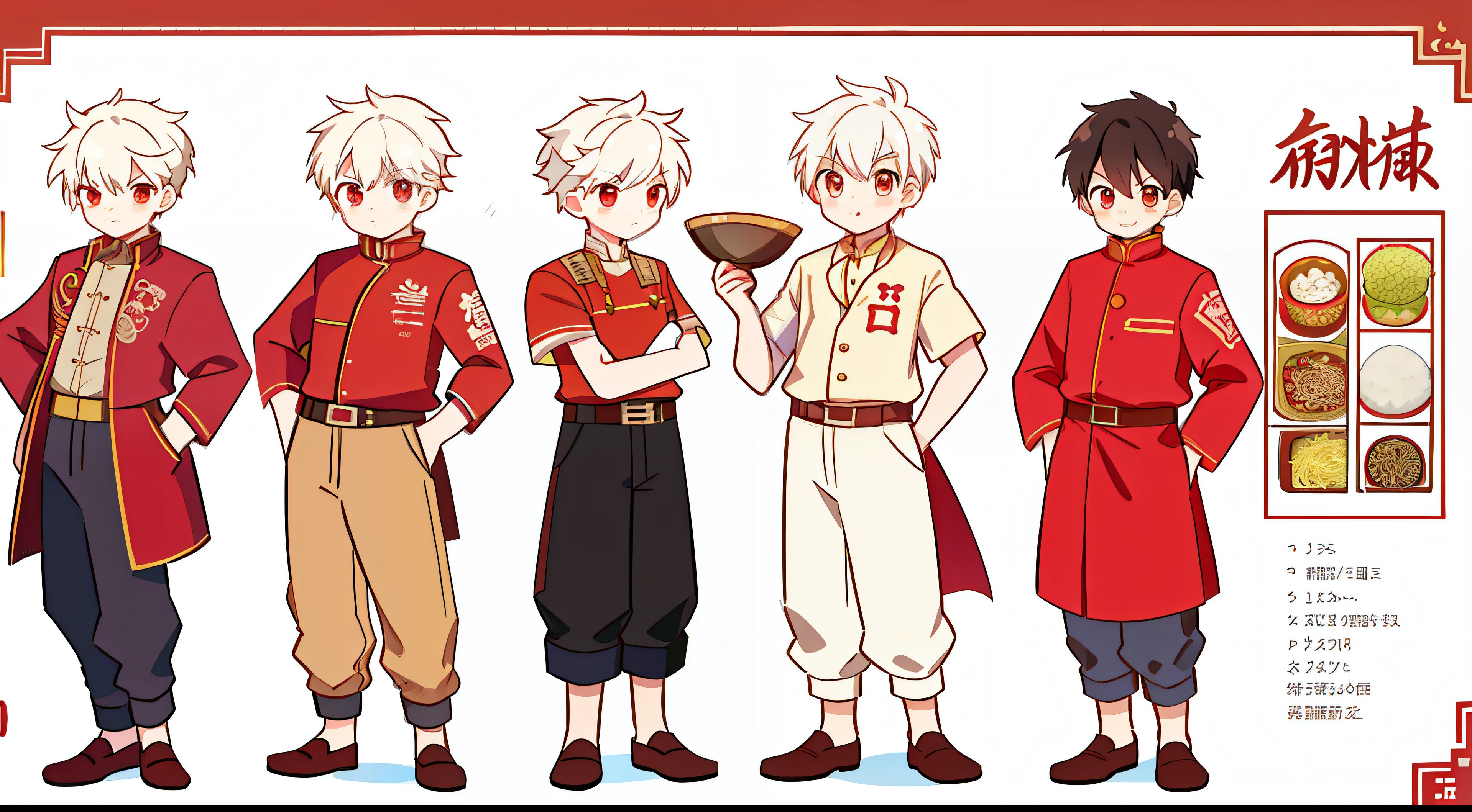 Reference table for cute boys，with short white hair，red color eyes，ssmile，red blous，The jacket has a rice flour pattern decoration，long trousers，详细的脸，detailed hairs，Eat rice noodles，chili pepper，Rice noodle image IP，concept-art，concept art of character，Character sketches，reference sheet，Role table