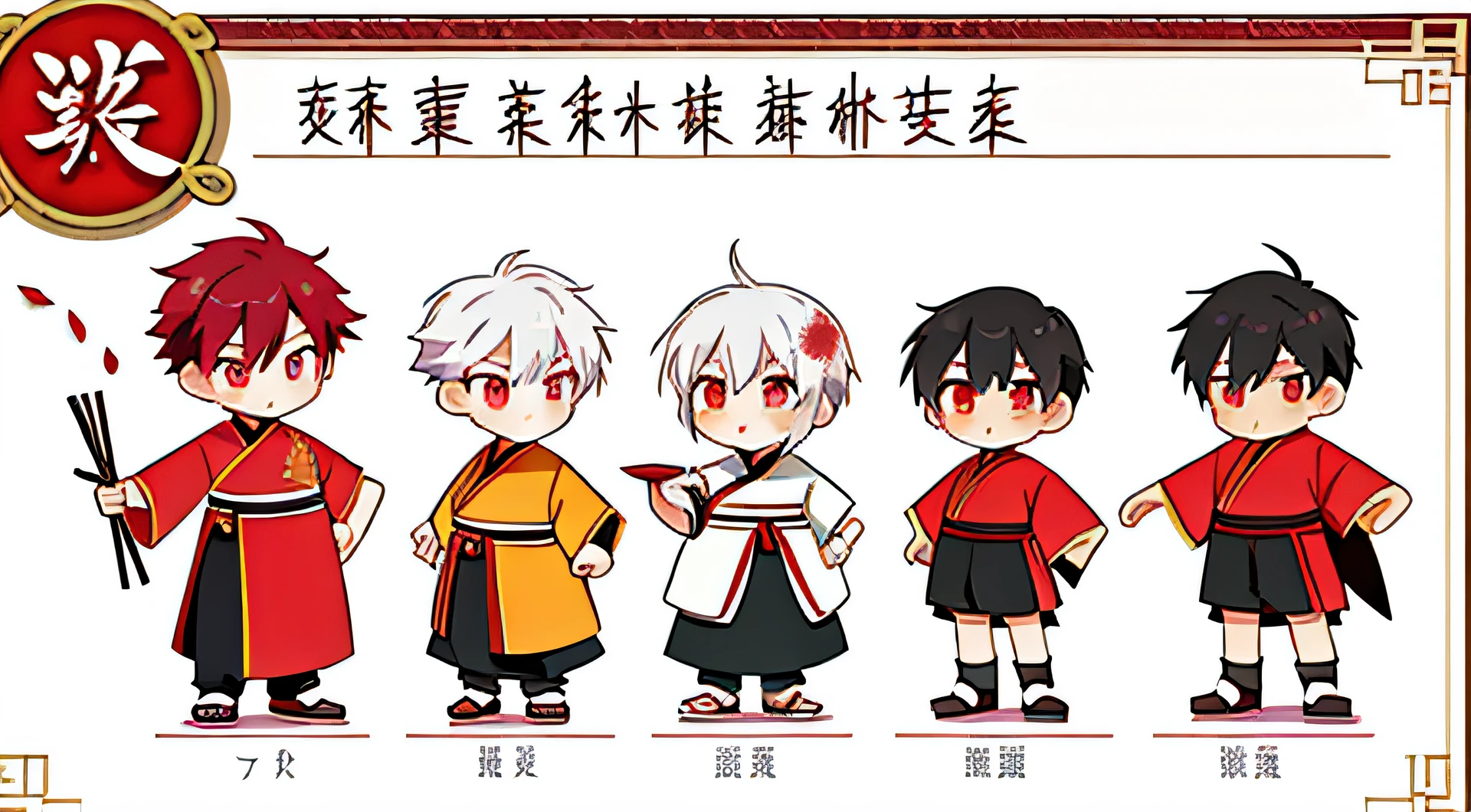 Reference table for cute boys,with short white hair,red color eyes,ssmile,Black Chinese Hanfu,详细的脸,detailed hairs,Eat rice noodles,chili pepper,Rice noodle image IP,concept-art,concept art of character,Character sketches,reference sheet,Role table