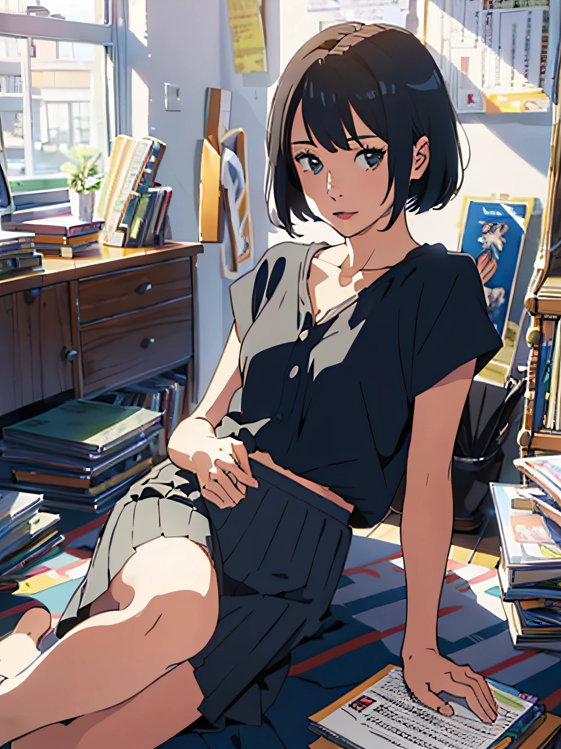 Anime girl sitting on a bed with a book in her lap - SeaArt AI