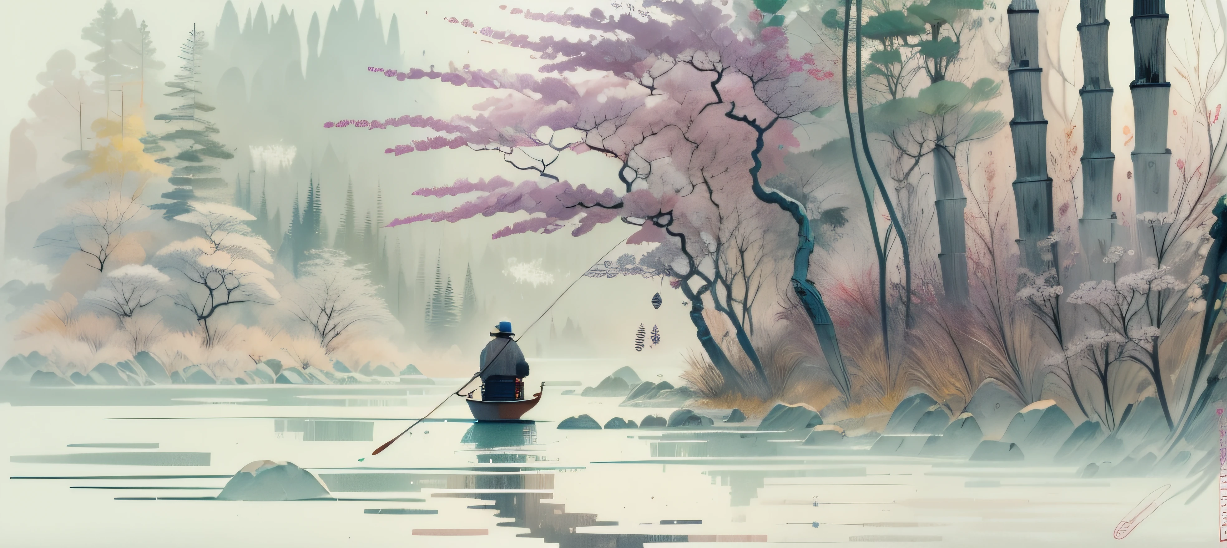 Old man,Fishing,Small boat,RiverRaincoat,Bamboo hat ,Snowy landscape
Solitude,Tranquility , Depth, Beauty of natureMeaning of life ,Oi Baishi style