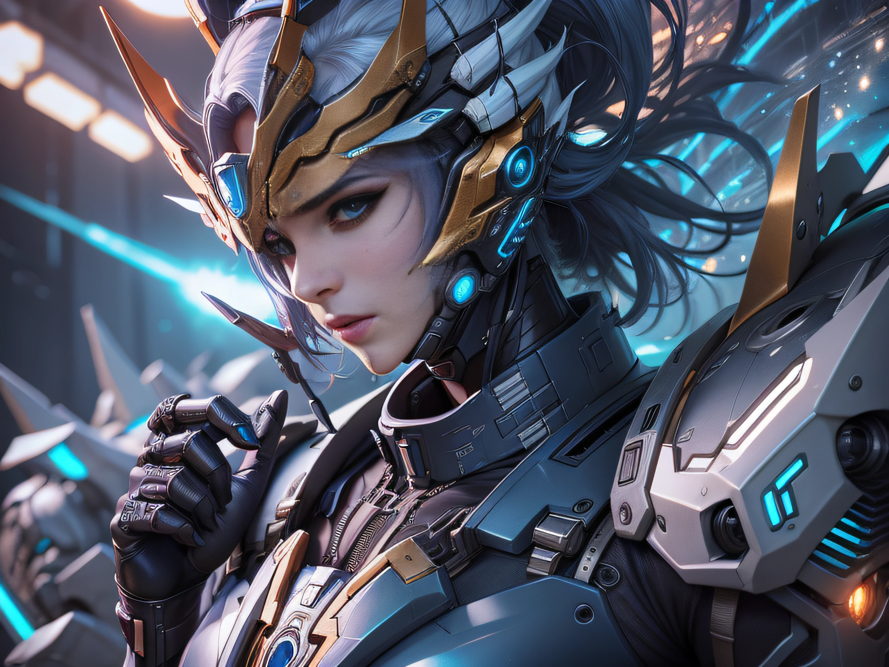 Highest image quality，Outstanding details，超高分辨率，（Fidelity：1.4）, Favor the details，closeup cleavage，The background is a scene of a cosmic celestial body，High-tech dragon knight mech，He has a delicate and beautiful face，（（Blue-white flying semi-mechanical fuselage：1.8）），high-tech weapon，Raised sexy，frontage，cyber punk perssonage，Futuristic，mechanically aesthetic，Virtual Engine 5，Perfect detail rendering，rendering by octane，hyper HD