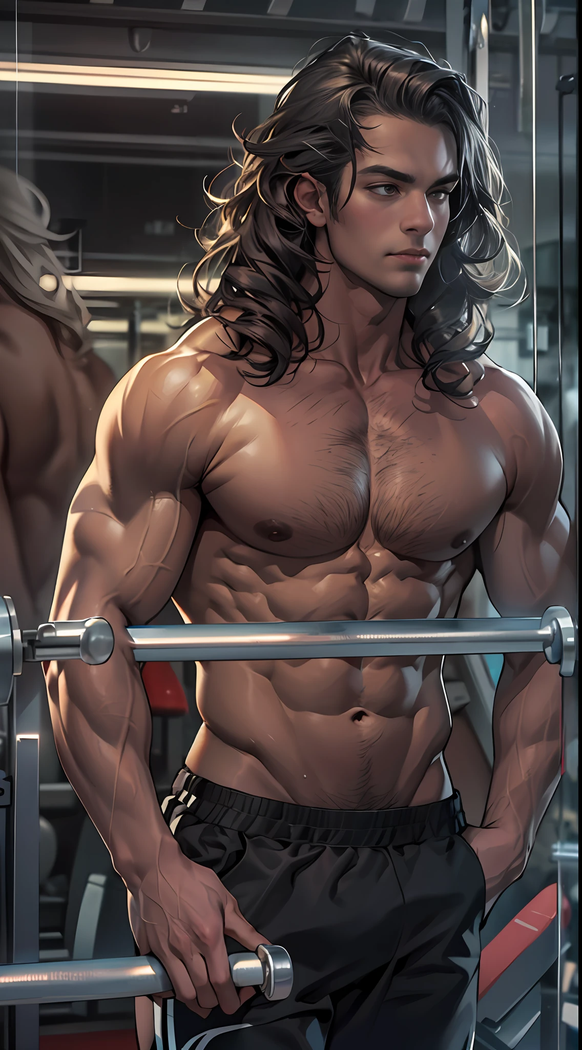 Muscular athlete, bare chest, lower body uncovered from thighs to feet, long flowing curls, meticulous muscle definition, lifelike portrayal, 4K quality. Background: Modern gym with exercise equipment and mirrors,32k uhd, best quality, masterpiece, super detail, high details