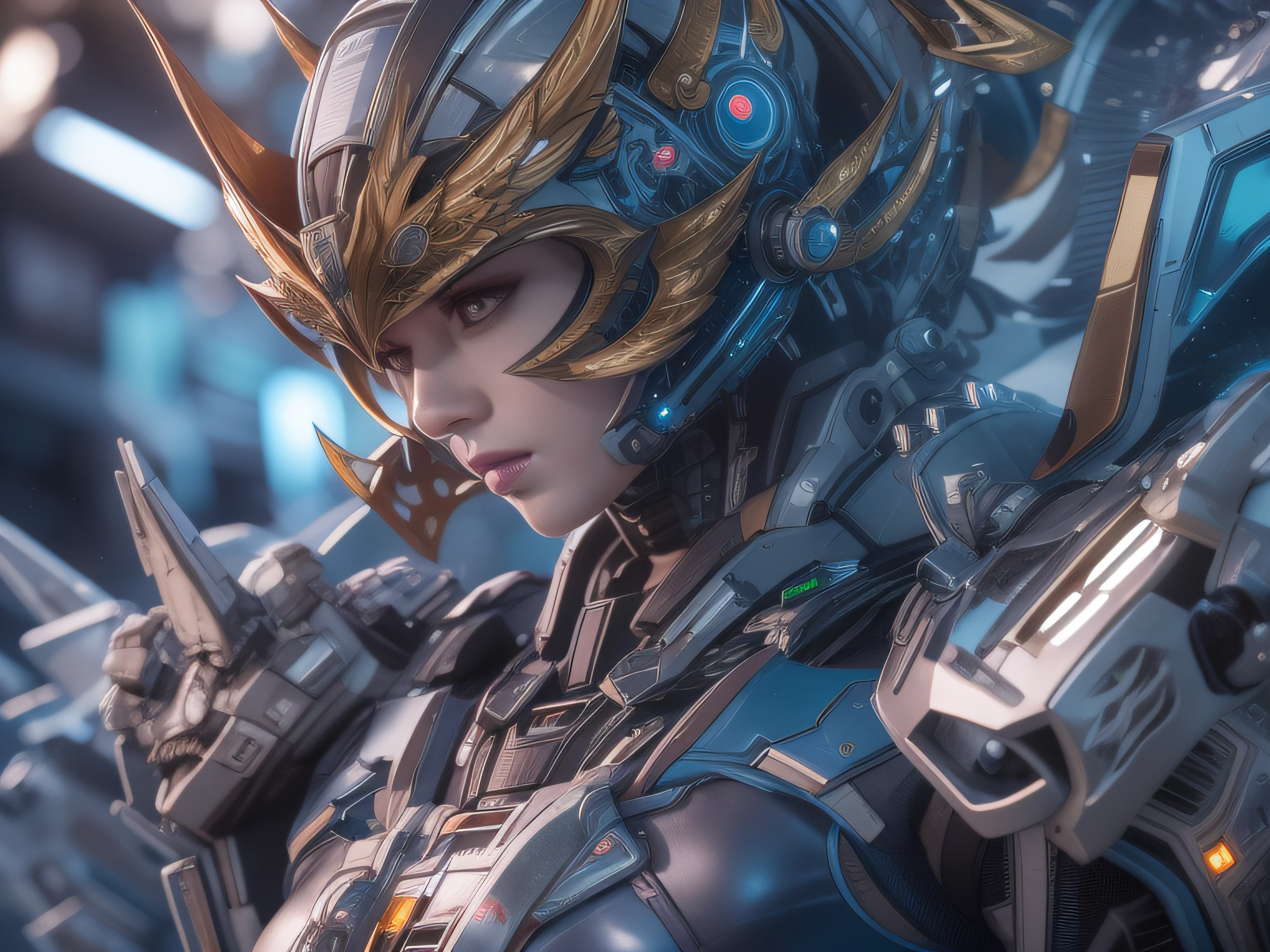 Highest image quality,Outstanding details,超高分辨率,(Fidelity:1.4), Favor the details,closeup cleavage,The background is a scene of a cosmic celestial body,High-tech dragon knight mech,He has a delicate and beautiful face,((Blue-white flying semi-mechanical fuselage:1.8)),high-tech weapon,Raised sexy,frontage,cyber punk perssonage,Futuristic,mechanically aesthetic,Virtual Engine 5,Perfect detail rendering,rendering by octane,hyper HD