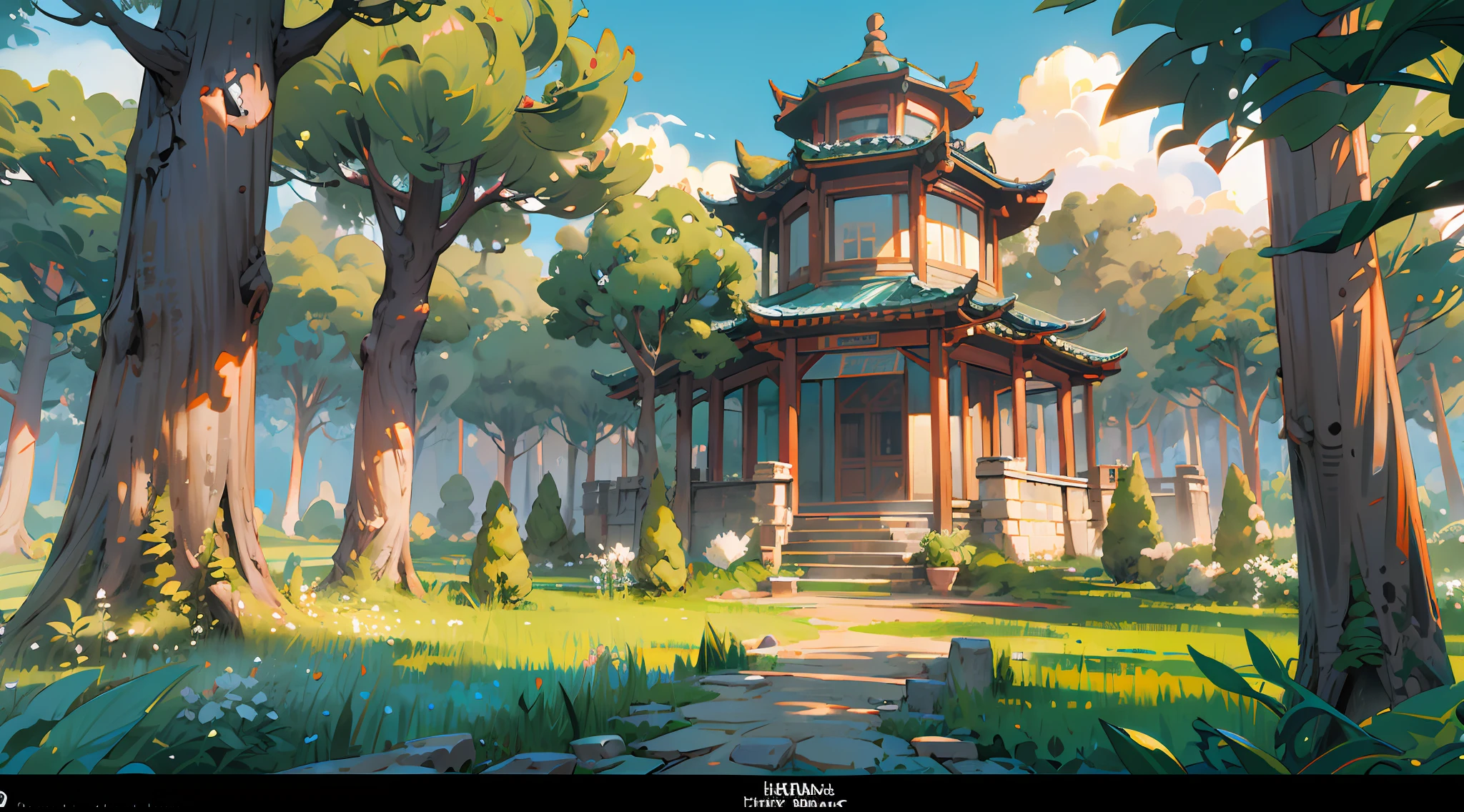 （（best qualtiy）），tmasterpiece，Hyper-detailing，best qualityer，8K，Chinese antique game scene design，grassy，The tree，bushi，naturey，ln the forest，scenecy，exteriors，In the daytime，paths，no-humans，grassy fields，tree shade，A plant，stump，Wagas，jungles，Under the trees，trpical garden，florals，Lotus architecture，Floating table，A blue sky，White cloud，Chinese ink painting OC rendering sculpture,（Very detailed CG unified 8k wallpaper），Ray traching