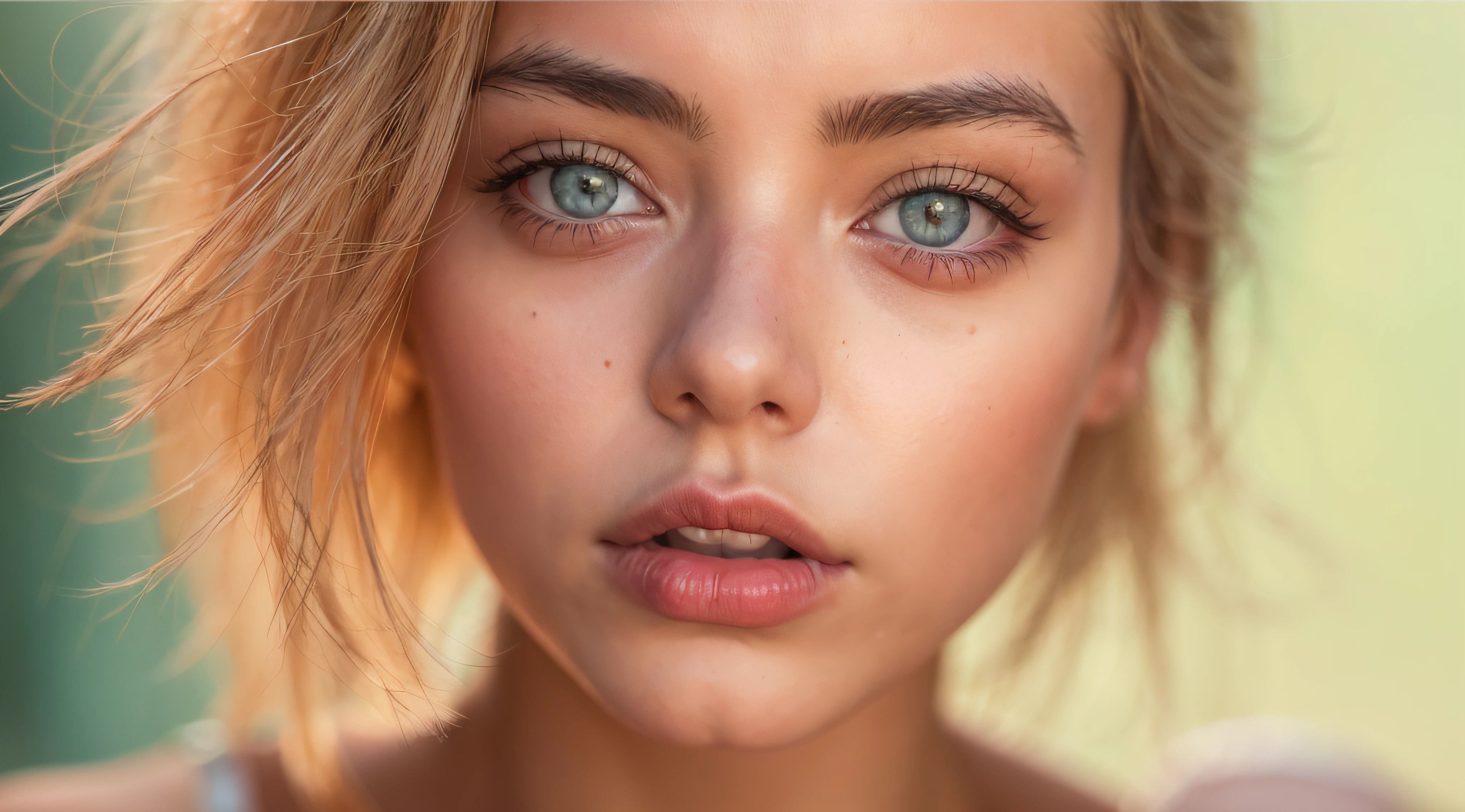 RAW photo, a 22-year-old-girl, upper body, (1girl), (realistic), (photo-realistic:1.5), lipstick, (freckles:0.5), (short hair), multicolor hair, necklace, (RAW photo, 8k uhd, film grain), Sharp Eyeliner, Blush Eyeshadow With Thick Eyelashes, extremely delicate and beautiful, 8k, soft lighting, high quality, highres, sharp focus, extremely detailed, during the day, (sunlight on face), beautiful detailed eyes, extremely detailed eyes and face, masterpiece, cinematic lighting, (high detailed skin:1.2), 8k uhd, dslr, soft lighting, high quality, film grain, Fujifilm XT3