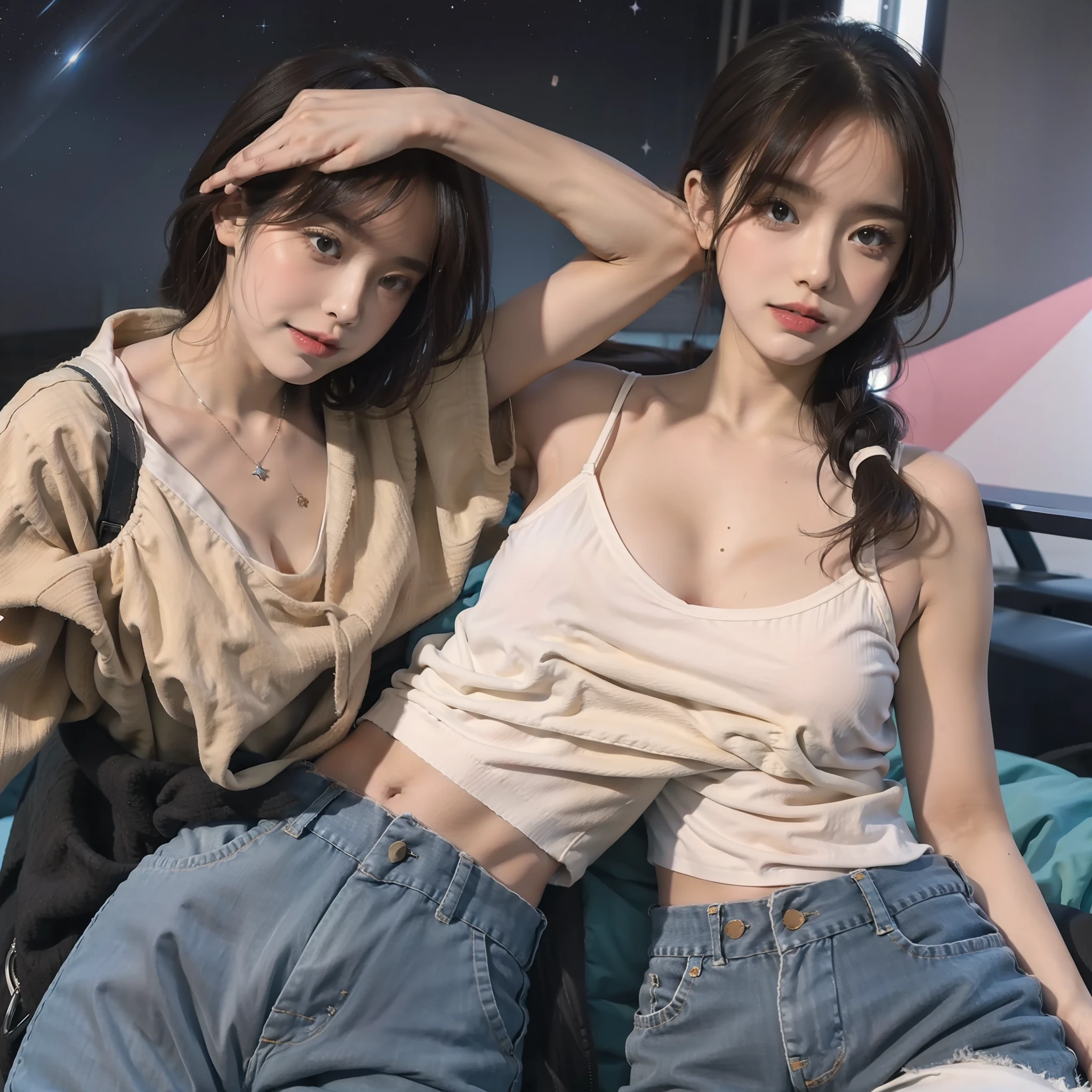 one-girl,white camisole,hot pant,background starry sky