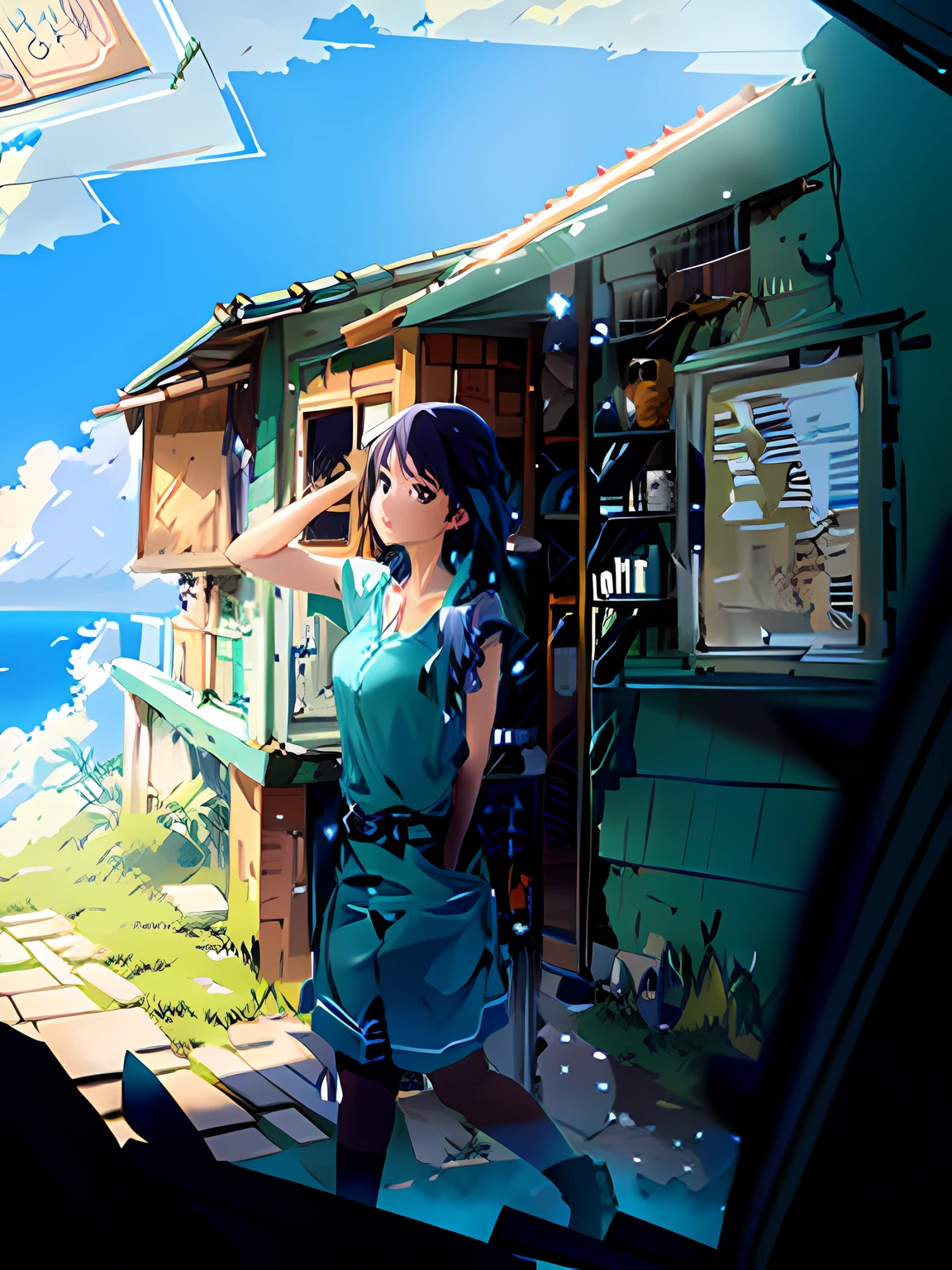 Anime girl in blue dress standing in front of the hut, drawn in anime painter studio, made with anime painter studio, in the style of makoto shinkai, makoto shinkai art style, Digital anime illustration, Makoto shinkai style, inspired by Makoto Shinkai, Makoto Shinkai's style, anime styled digital art