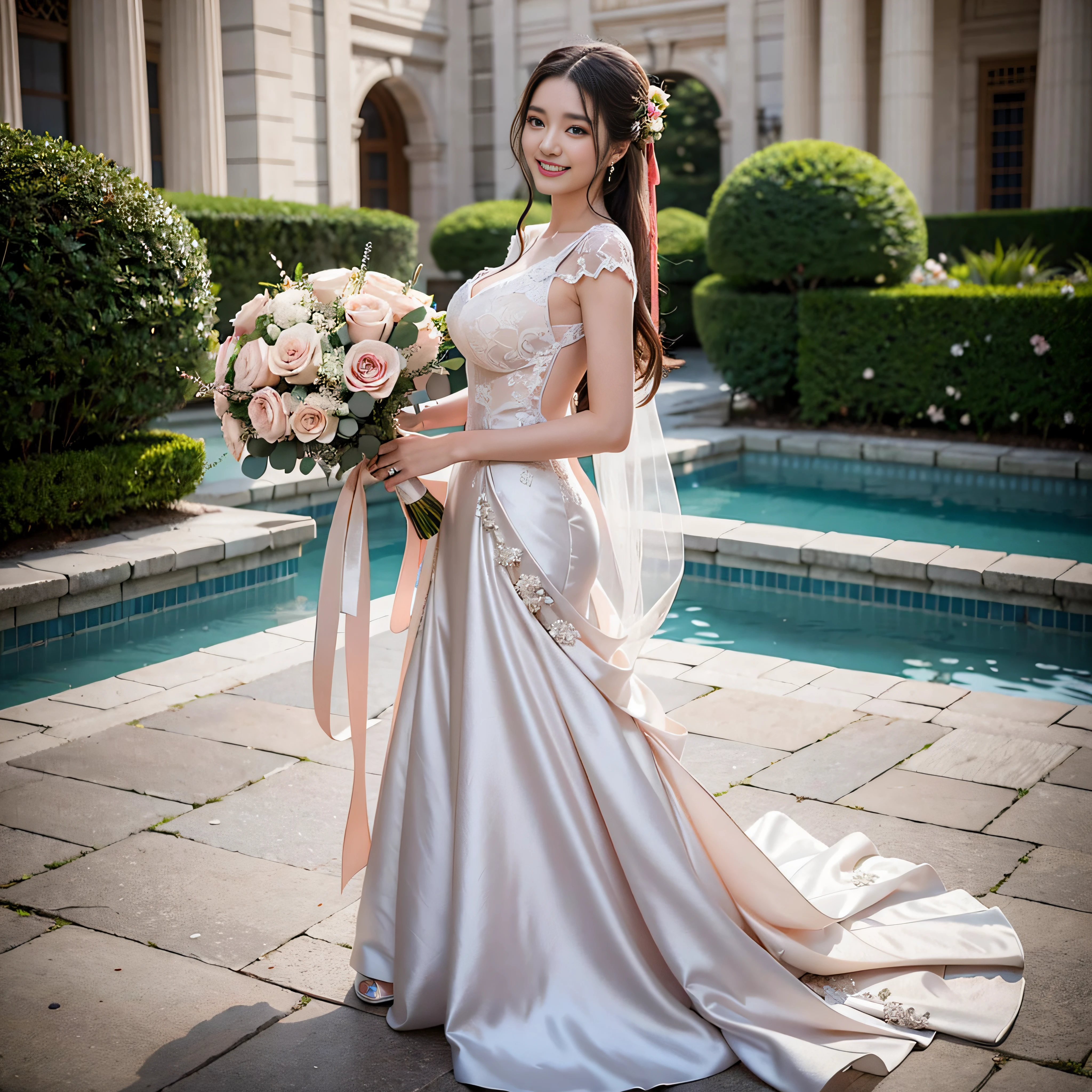 Woman in pale pink prom dress with bouquet of flowers, Photograph Taken on Nikon D750, Photo taken with Nikon D 7 5 0, beautiful Korean women, Pale pink wedding dresses,Silk Fabric,High-grade fabrics,Wedding dresses with fine embroidery, chinese princess, Korean female, Beautiful young Korean woman, huge tit,large full breasts,wedding photos, Korean Girl,Happy smile, professional wedding photography, palatial palace , a girl in hanfu