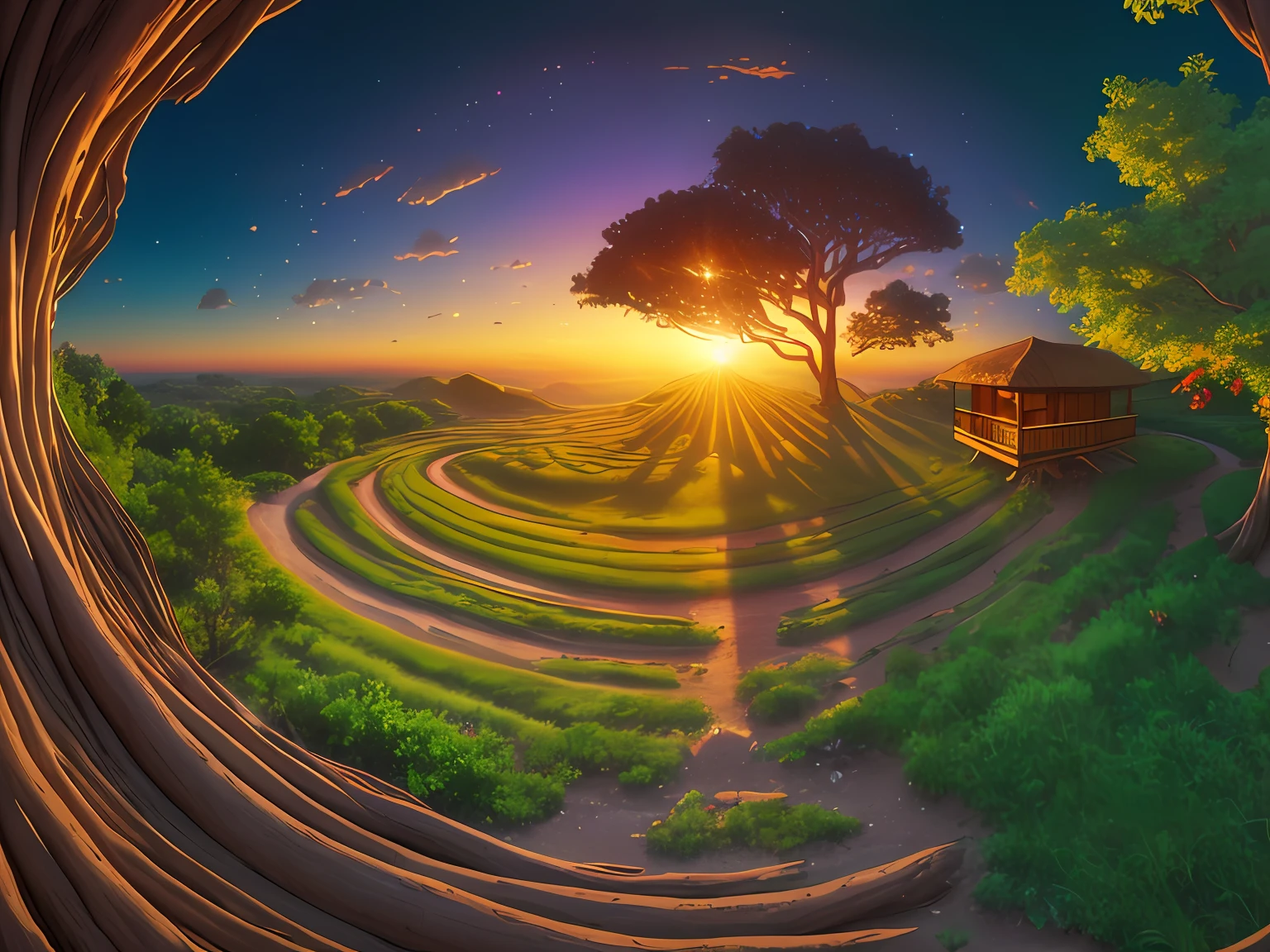 Beautiful and peaceful landscape resort，A secluded place，The Tree of Life，Thick twisted trunk，Realistic beauty in the light of dawn，8k ultra high definition，Surreal imagination，Post-processing，photorealestic，Photoshop，fisheyelens，A detailed，cinmatic lighting，Magnificent panorama，Ray traching，cinema4d