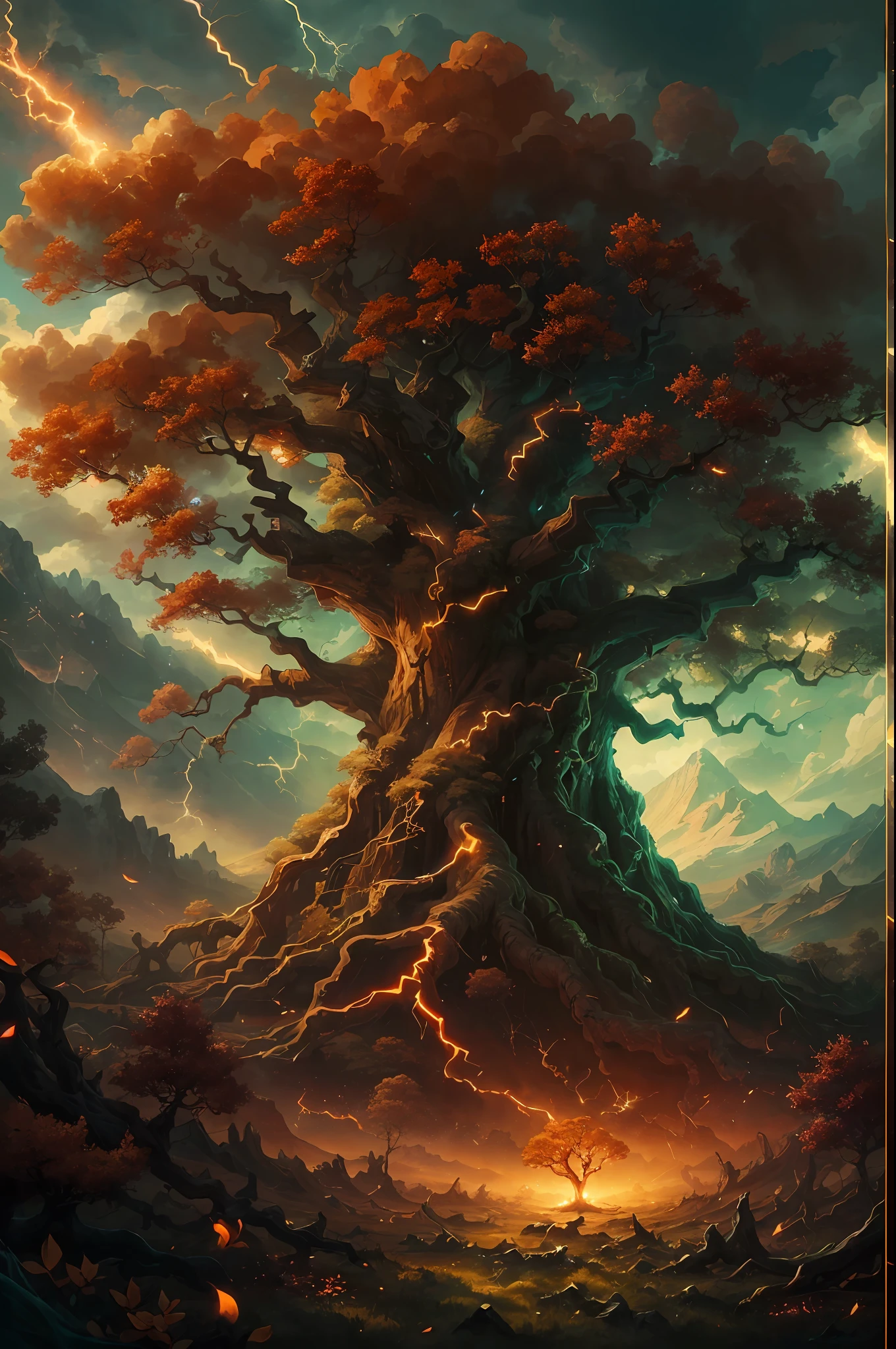 (tmasterpiece、best qualtiy)A huge old tree in the middle of a vast field(((The roots of the tree are covered with golden lightning)))、surrounded by cloud、Golden and red light in the air,(illustratio:1.0)、Epic composition、realistic detail、high definition detail、high definition resolution,(非常详细的 CG 统一 8k 壁纸)