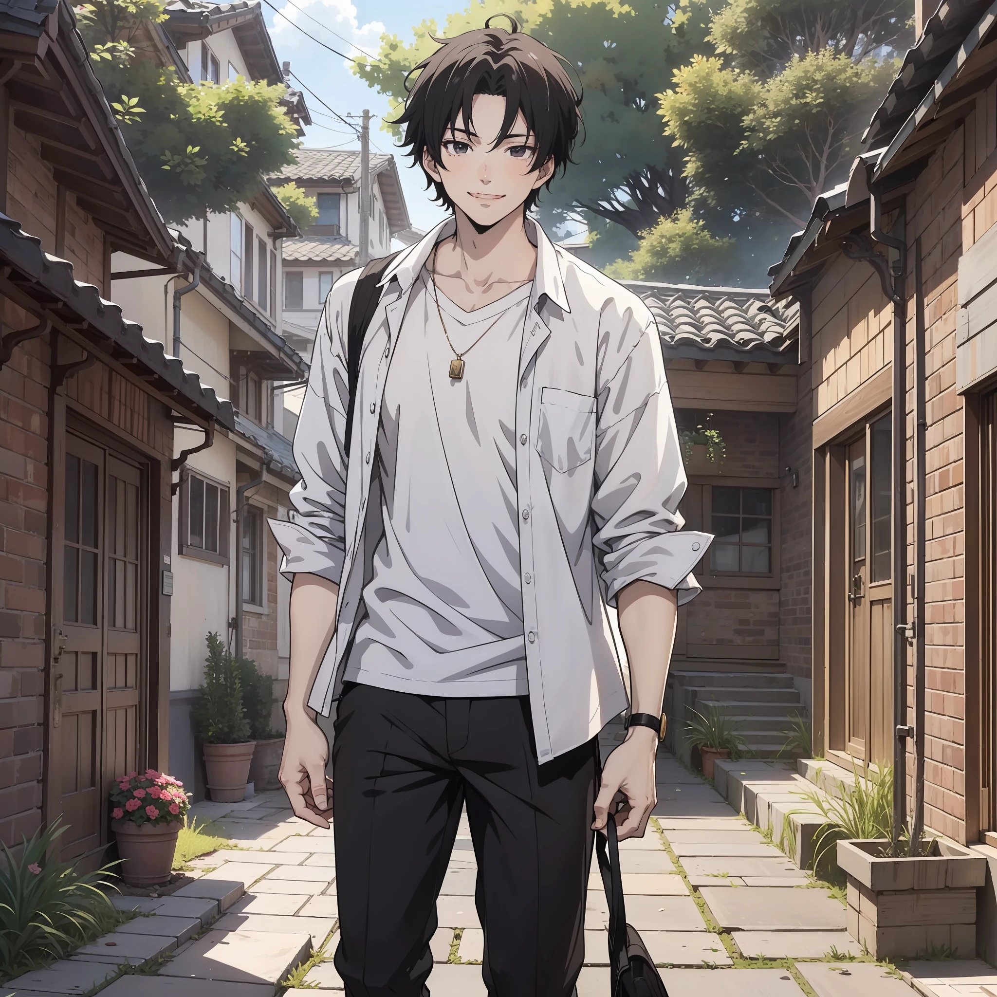 One wearing a white shirt,A 20-year-old man with short black hair stands in the courtyard of the house(Smile 1.5)(Open mouth 1.5)(The background is the yard of the house 1.5)style of anime4 K,Anime rendering,style of anime。8K,Handsome anime face(Full body display 1.5)(Handsome man 1.3)(Cinematic lighting 1.5)(Master masterpieces:1.4)(Ultra-high detail1.5)(Best quality1.5