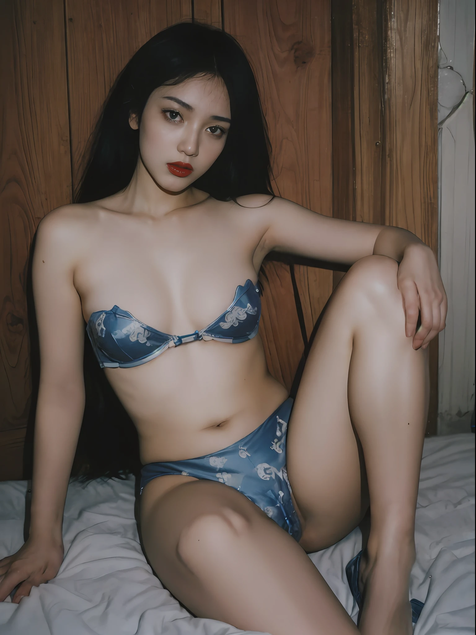 nsfw, best quality, masterpiece, ultra high res, (photorealistic:1.3), 8K, raw photo, 1girl, blue alien tentacles, full body, half sitting, (playboy:1.3), sensual, modeling for Playboy, wearing lingerie, natural skin texture, dynamic pose, red lipstick, rouge, film grain, retro. romance