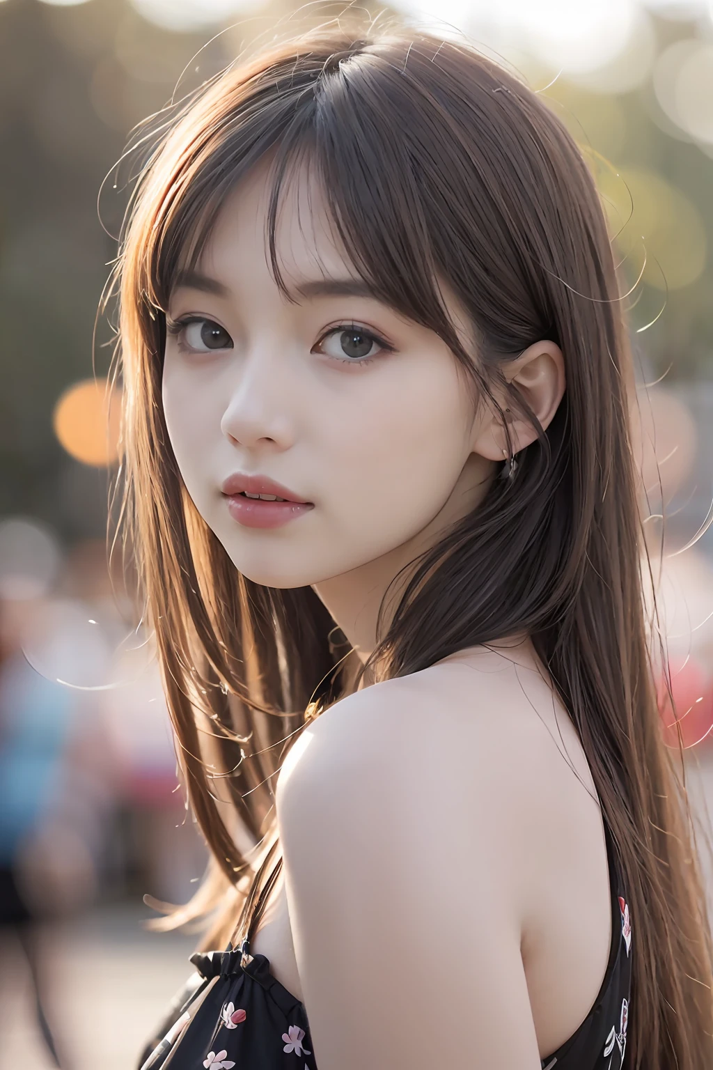 (8K, Raw photo, Photorealistic:1.25) ,( Lip gloss,Glossy finish, Glossy skin, Best Quality, 超A high resolution, chromatic abberation, Caustics, Wide light, Natural Shadow) look with serenity and goddess-like bliss to the spectators,(depth of fields:1.6), (colorful unfocused lights on background:1.2) ,very natural make-up,Shot on a cloudy day . Slender eyes.Downcast eyes. The distant look in her eyes,18year old.Wearing a gorgeous summer dress、(The upper part of the body)(Long gorgeous hair)(Stylish as a professional model)、full bodyesbian