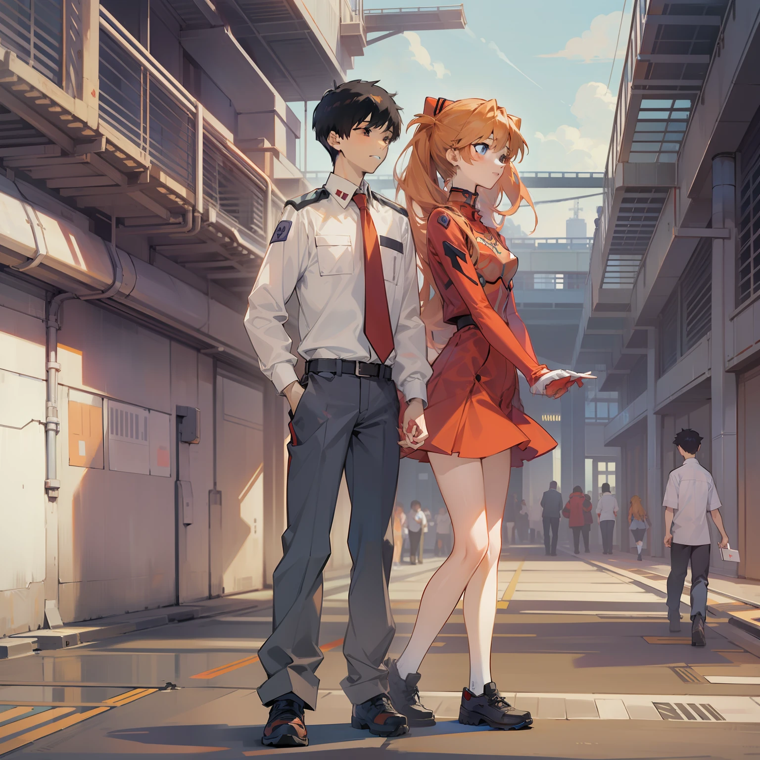 Uniformed student couple of Asuka Langley and Shinji Ikari。In a couple without height difference、Women are in the lead。The two run hand in hand。