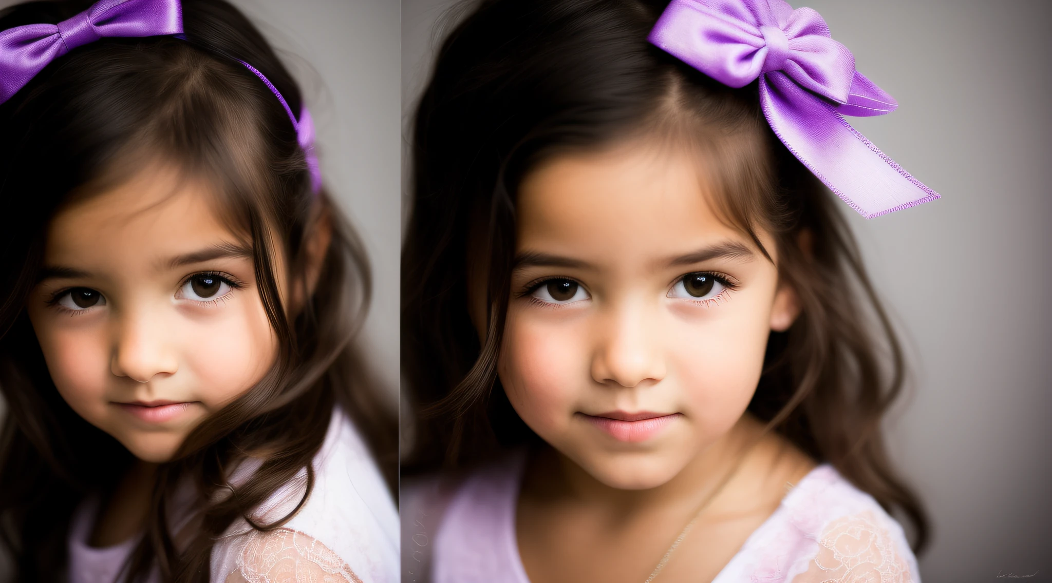 estilo russo, Girl  , estudio fotografico fundo infinito branco, Close-up, busto, retrato , long hair DARK STROKES and giant PURPLE bow on the head