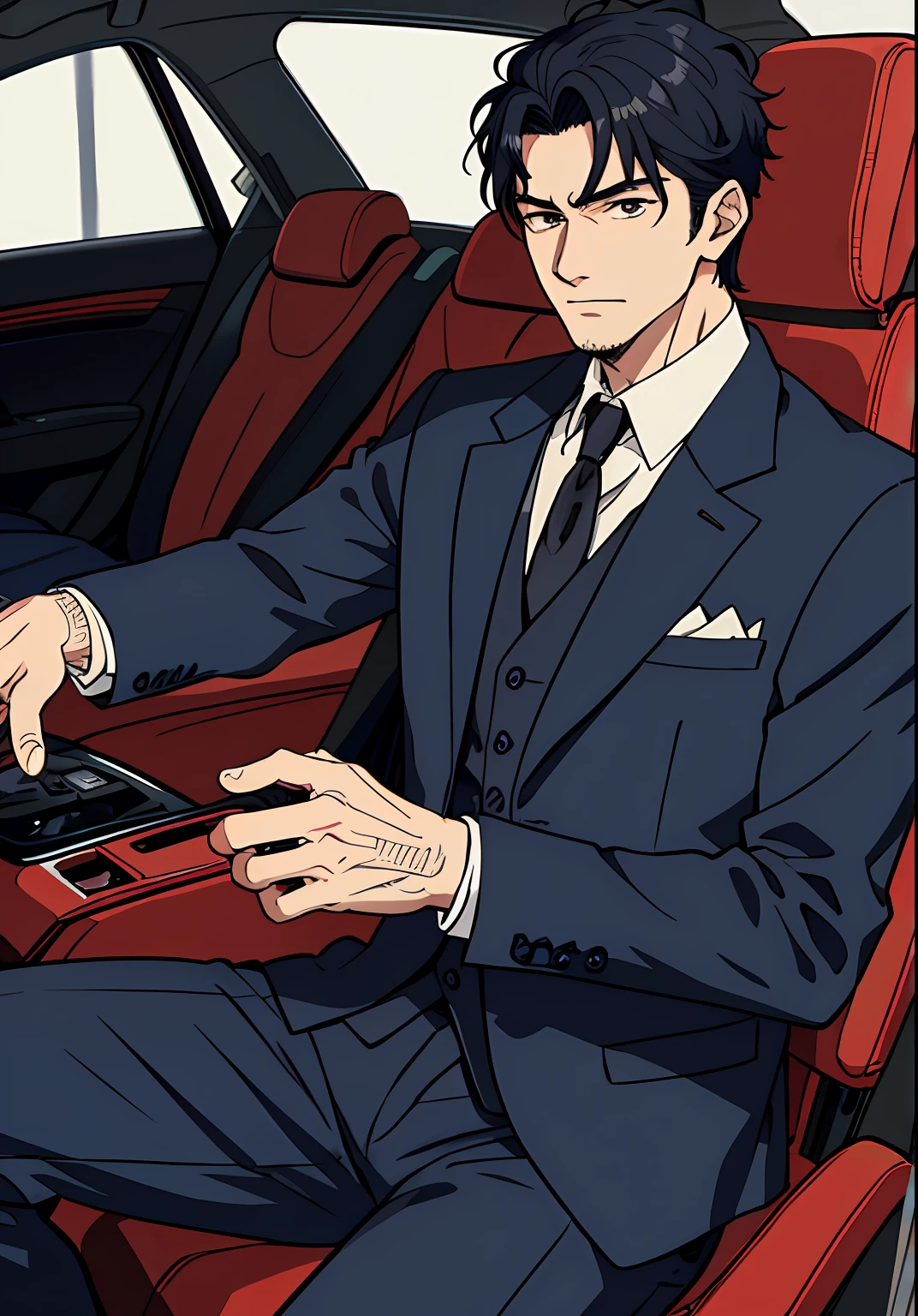 (tmasterpiece,Best quality at best),1boy,Mature men,The Yakuza,Mafia,horrid,Ring on the finger,Business suit,In the car,short detailed hair