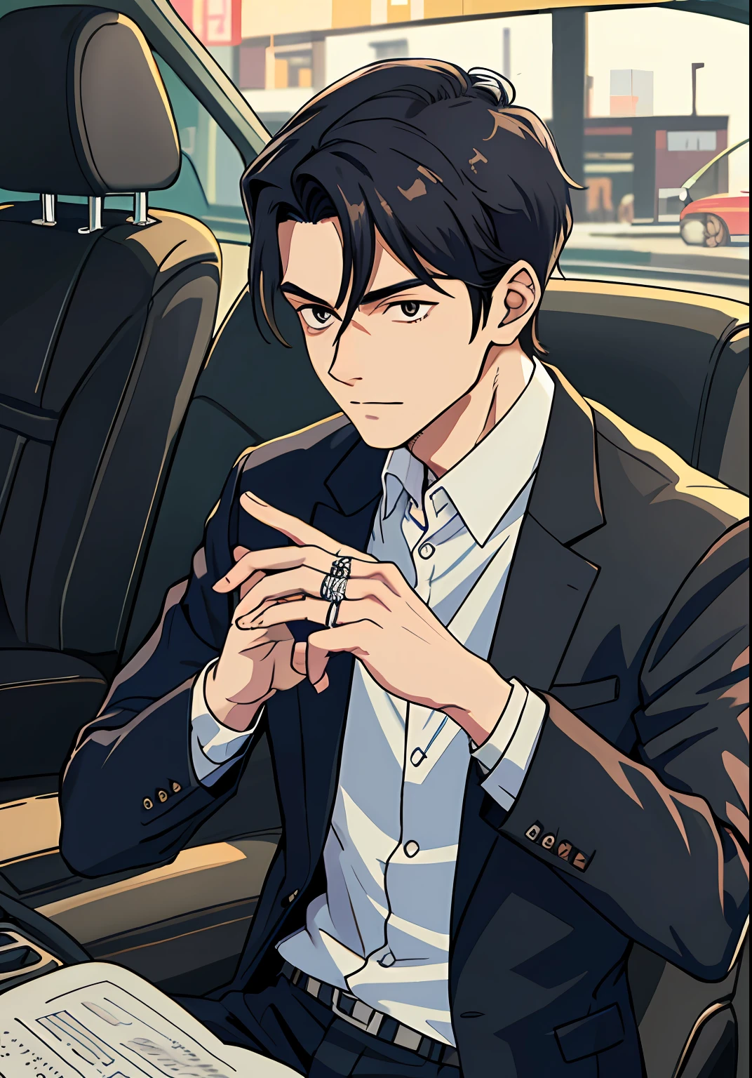 (tmasterpiece,Best quality at best),1boy,Mature men,The Yakuza,Mafia,horrid,Ring on the finger,Business suit,In the car,short detailed hair