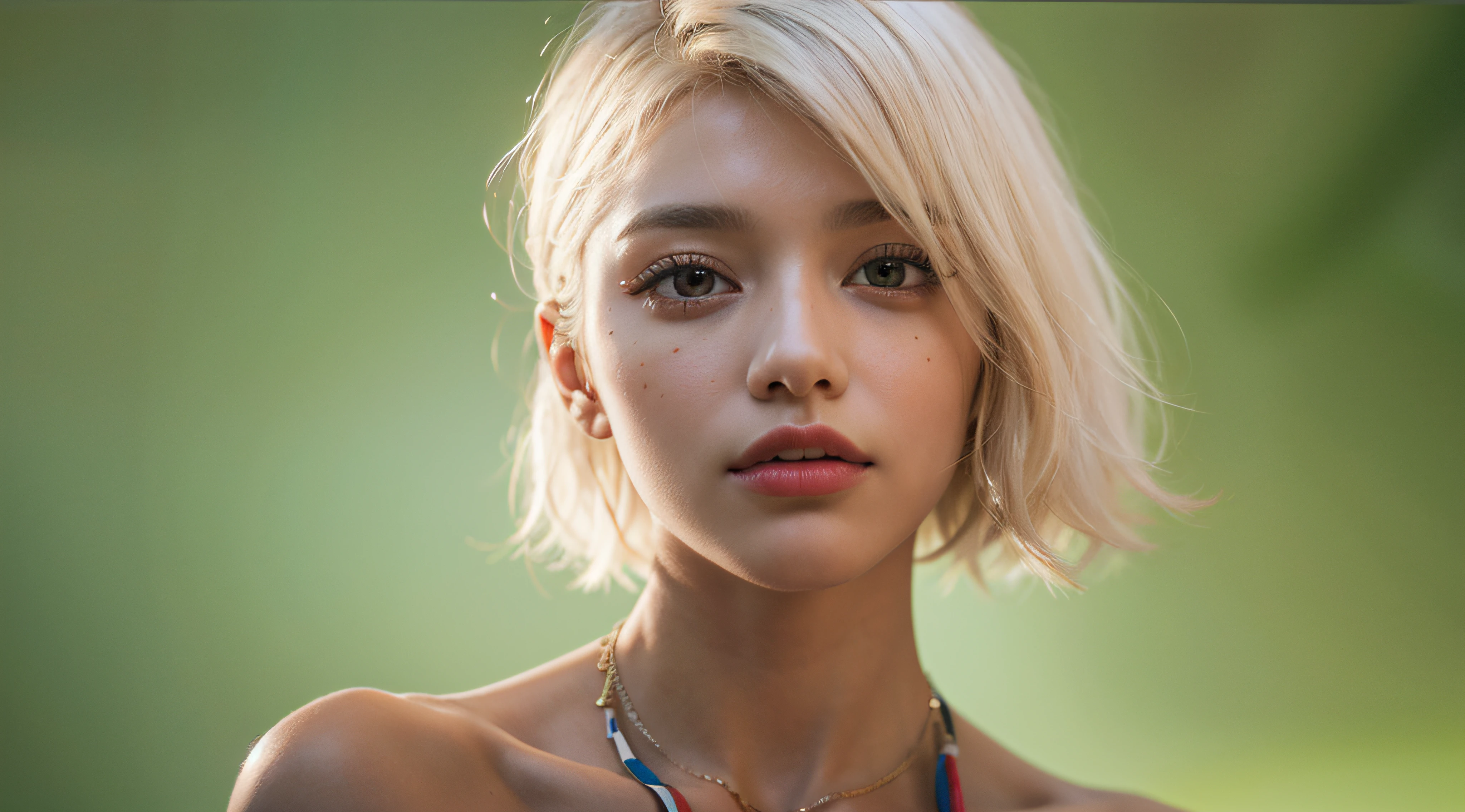 RAW photo, a 22-year-old-girl, upper body, (1girl), (realistic), (photo-realistic:1.5), lipstick, (freckles:0.5), (short hair), multicolor hair, necklace, (RAW photo, 8k uhd, film grain), Sharp Eyeliner, Blush Eyeshadow With Thick Eyelashes, extremely delicate and beautiful, 8k, soft lighting, high quality, highres, sharp focus, extremely detailed, during the day, (sunlight on face), beautiful detailed eyes, extremely detailed eyes and face, masterpiece, cinematic lighting, (high detailed skin:1.2), 8k uhd, dslr, soft lighting, high quality, film grain, Fujifilm XT3