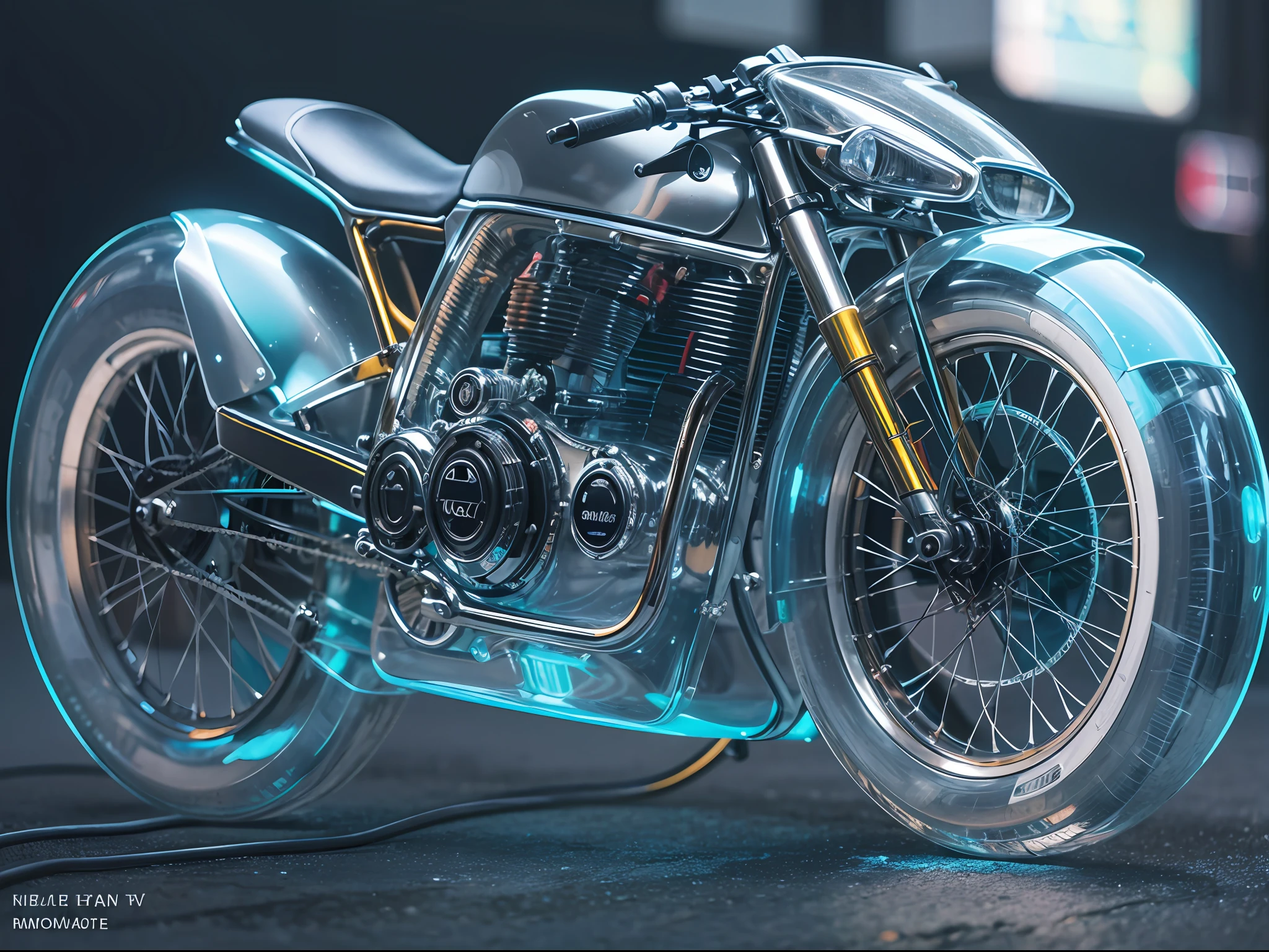 1 transparent street bike, Colored Transparent plastic, Cyberpunk, Industrial design, clean, Luminous neon lamp, White background, Surrealism, UHD, high details, best quality, 4k