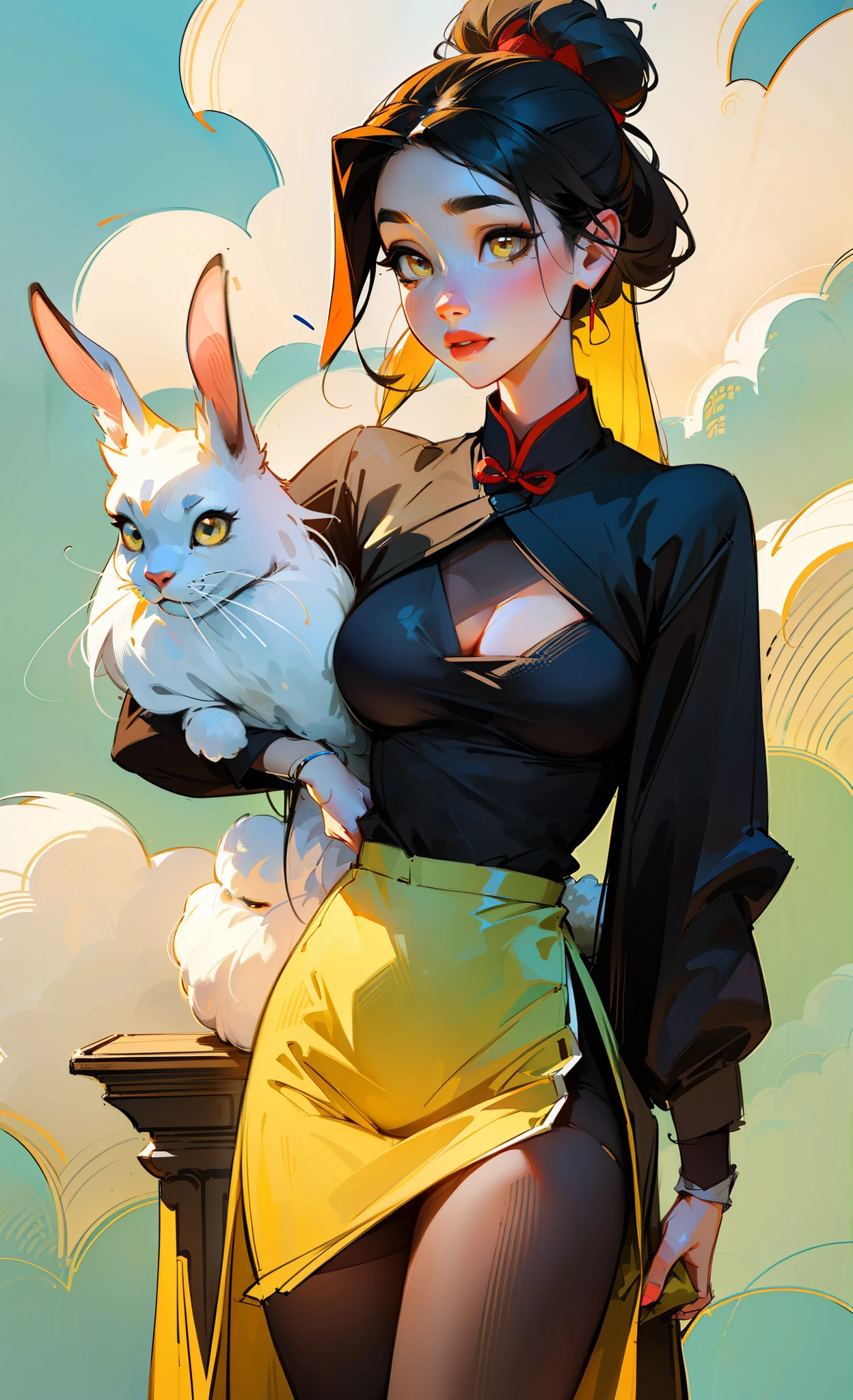 ((Tall and slender beautiful Chinese woman)) ((with 1 rabbit in his arms)), Wearing peony hair jewelry, in Chinese ancient costume, beautifull details, Rich light and shadow, Absolutely beautiful female body, Willow eyebrows, gentle eyes, Flowing skirt, floating clouds, watercolour, ink, Harmonious and unified tones, Heart Rendering, Perfect Art, Fresh colored background, ancient Chinese painter in the style of Qiu Ying, soft shadows, Clear Focus, Cinematography, center composition, Poster design, Cinematography, the panorama, 12), -- at 6, Fine and clear facial features, ((detailed realistic face and eyes)), with her long white hair, ((Detailed realistic figure of a girl)), (big yellow eyes:1.3), Burst , (Lovely Medium Breastsrfect anatomy:1,5)), (shapely body), sexy stockingseautiful slender legs, sexypose, (full-lth photo:0.6), Clean five fingers.