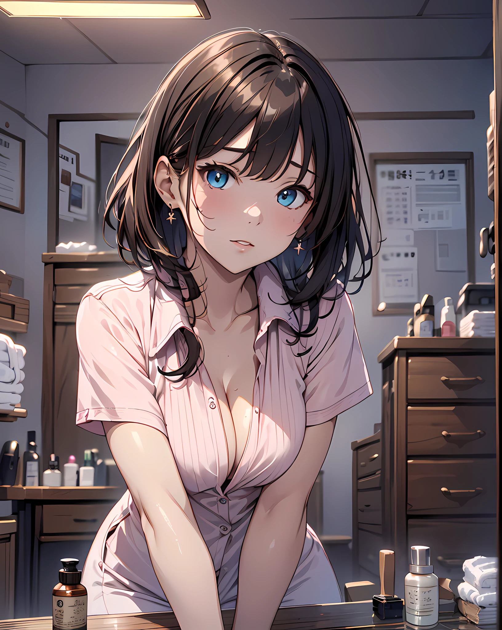 (masterpiece, best quality:1.37), highres, ultra-detailed, ultra-sharp, BREAK, (From Below:1.2), 1girl, girl on top, (leaning forward:1.3),
BREAK
Korean office queen, (((1girl:1.37, solo))), (beautiful anime face, cute face, detailed face), (brown hair, thin hair, short hair, bangs, hime-cut), detailed beautiful cyan eyes,
BREAK
short sleeve, (light pink shirt dress), (esthetician uniforms:1.3), (cleavage cutout), (open shirt), (oil skin), (shiny skin),
BREAK
(Private esthetic room, in beauty salon, on bed:1.1),
(Many bottles of aroma oil:1.0),
(many brown towels:1.2),
BREAK
dark room, indirect lighting, (night:1.3),