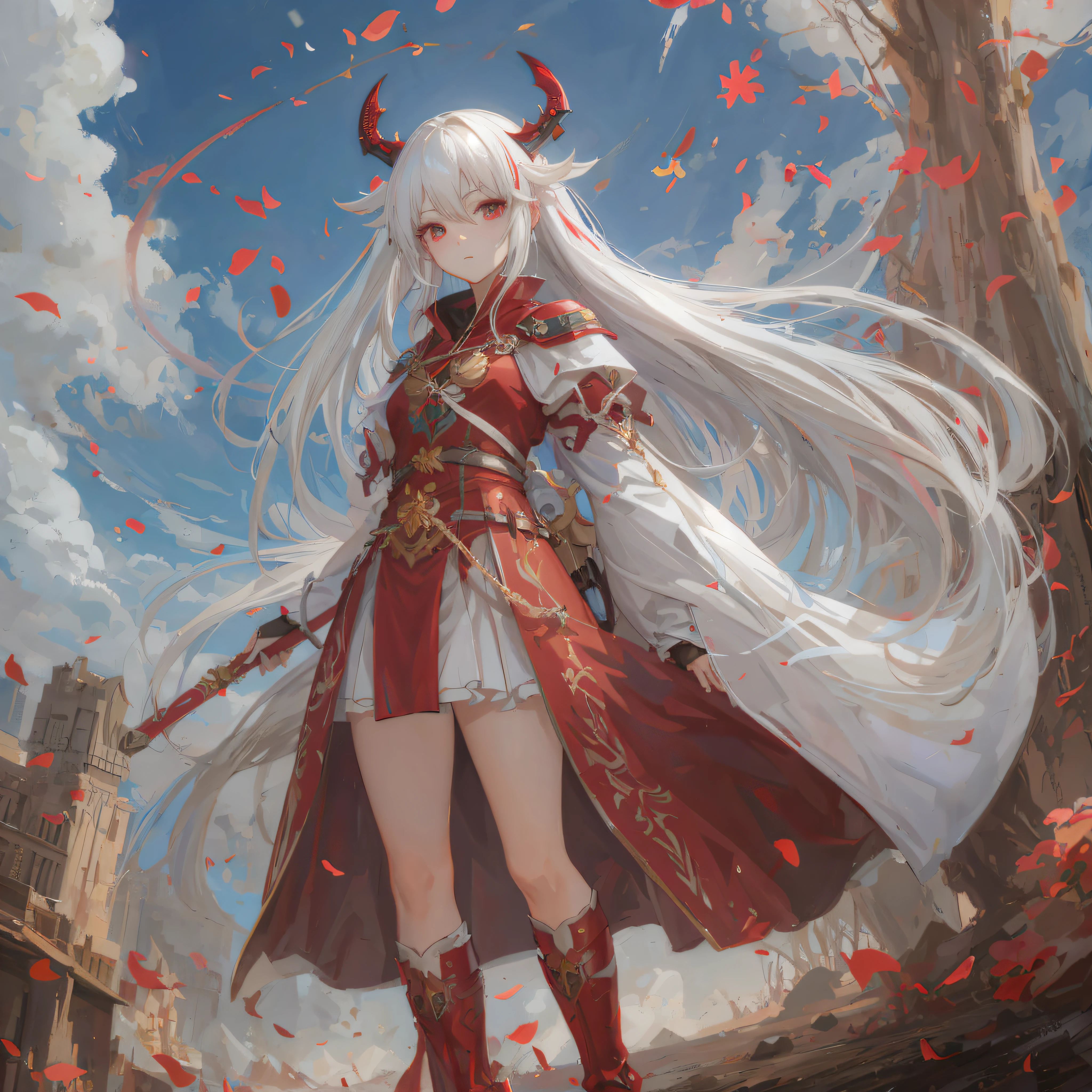 Anime girl standing in front of a tree with long white hair and red cape, white-haired god, Guweiz in Pixiv ArtStation, trending on artstation pixiv, Guweiz on ArtStation Pixiv, author:Shitao, Anime fantasy illustration, White and red armor, Anime fantasy artwork, 2. 5 D CGI anime fantasy artwork, Anime goddess
