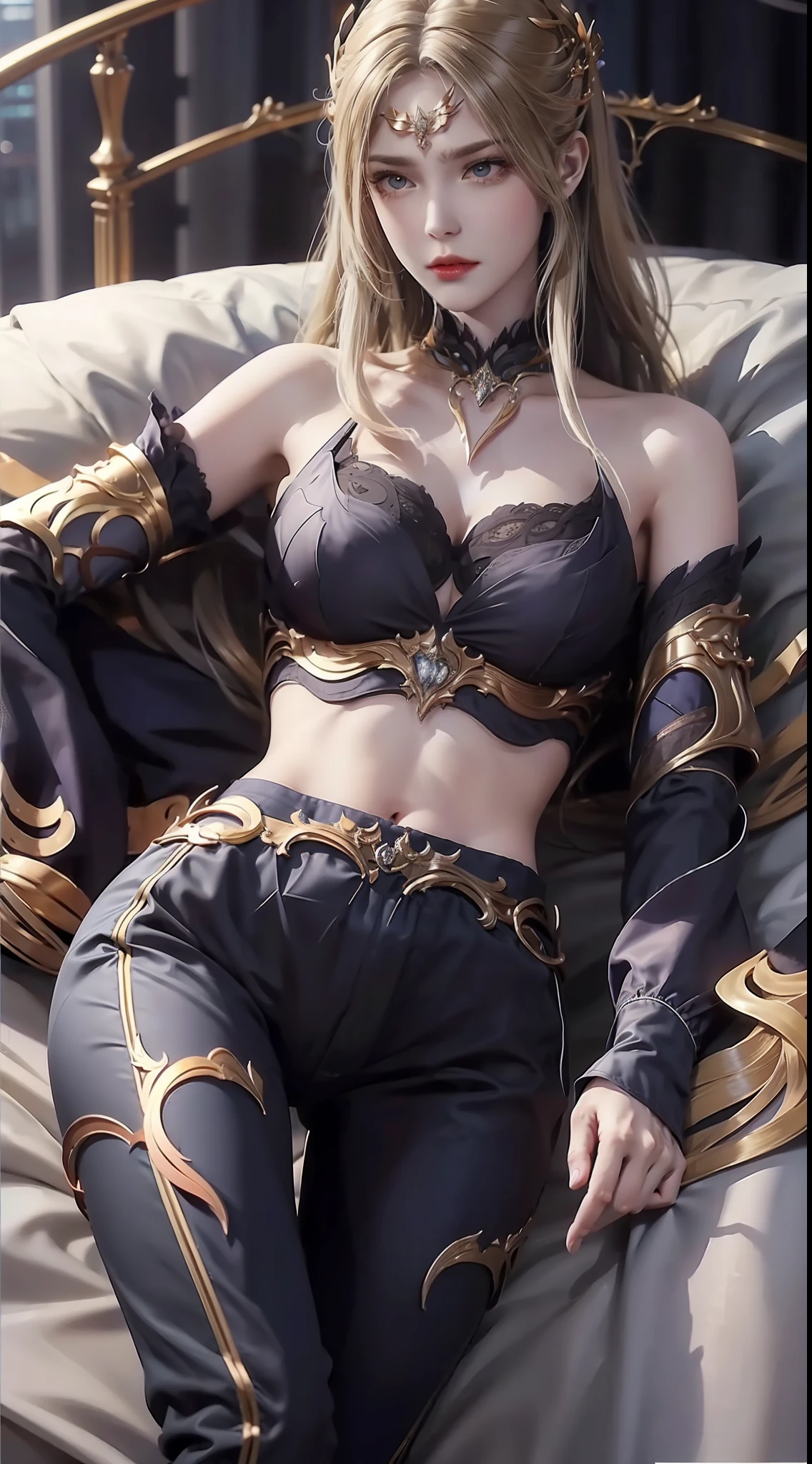 ((high qulity)), ((tmasterpiece)), 8K, ,long leges,Lying in bed,Long trousers Sport top