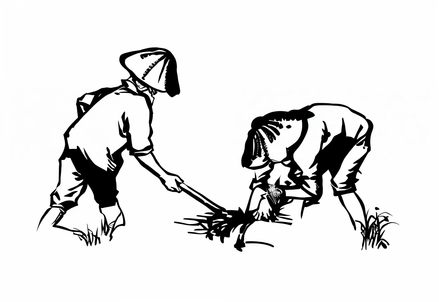 Image of a man and a woman working in Alfide's field, japanesse farmer, farmer, Workers, line art illustration, Simple illustration, bold line art, gardening, Sweeping the floor, sumi ink style, chinese brush pen illustration, traditional drawing style, Black and white illustration, illustration black outlining, black and white vector art, high contrast illustrations, high contrast illustrations