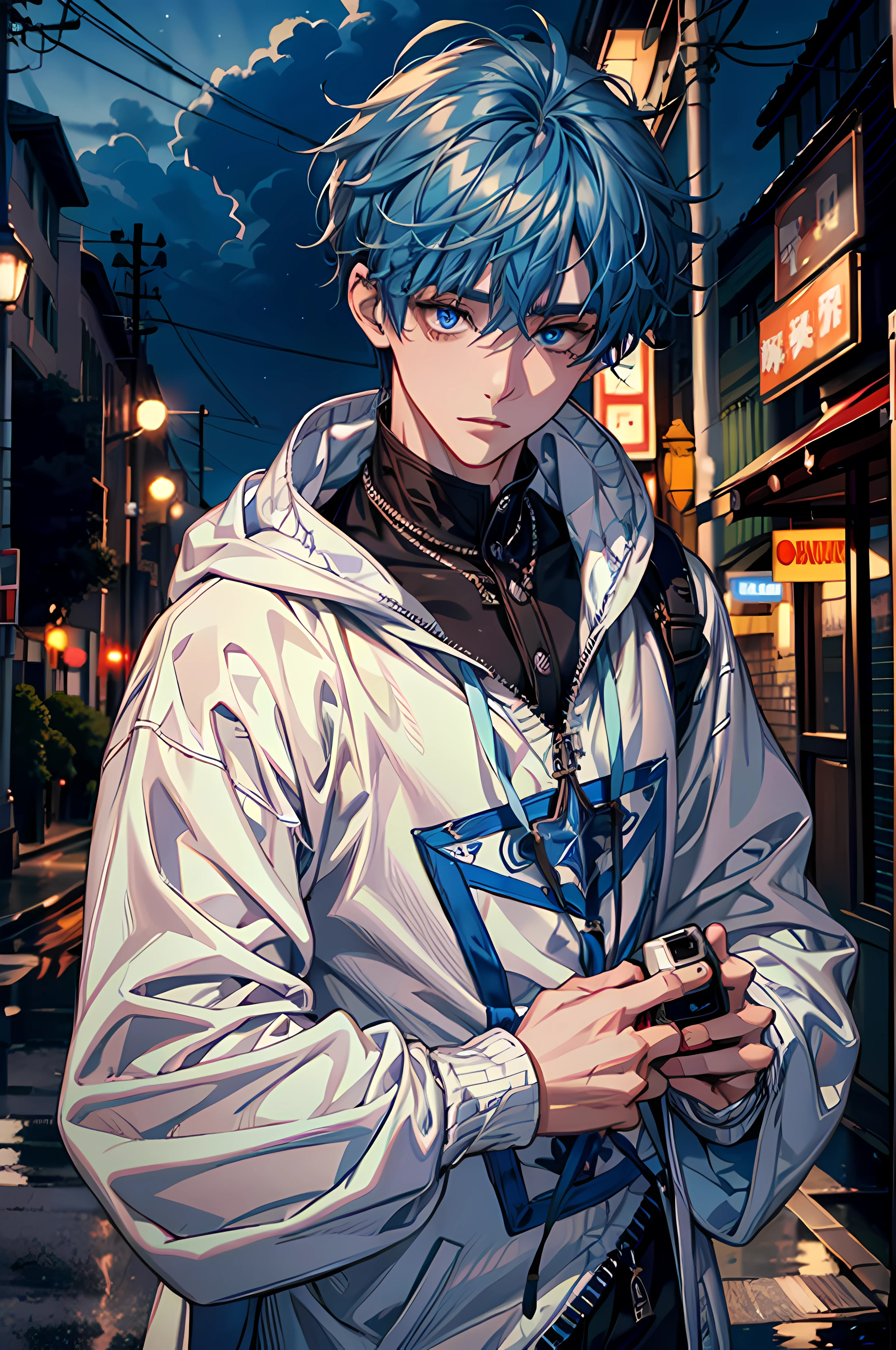 (absurderes、hight resolution、ultra-detailliert、HDR)、masterpiece、top-quality、1boy、a handsome、shorth hair、finely eye and detailed face、Oversized hoodies、dimples、brow、Night Street、nightcity、mid night、selfy、blue hairs、blue eyess