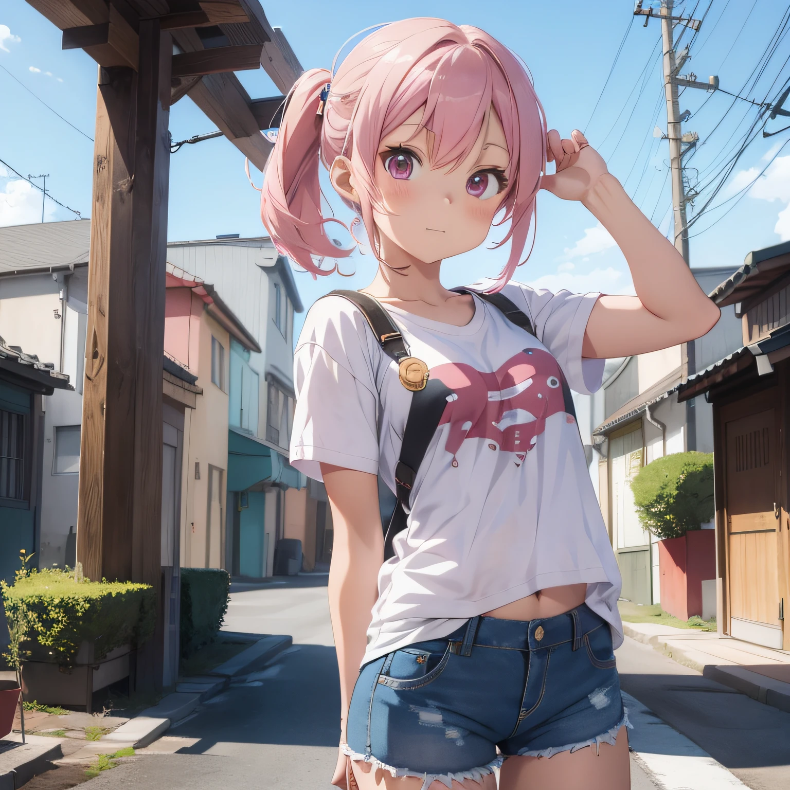 Anime girl with short hair and jeans shorts posing for camera, Kantai Collection Style, anime moe art style, Casual pose, High quality anime art style, Anime style. 8K, photorealistic anime girl render, made with anime painter studio, artwork in the style of guweiz, realistic anime 3 d style, anime styled 3d soio A child with pink hair color Low ponytail