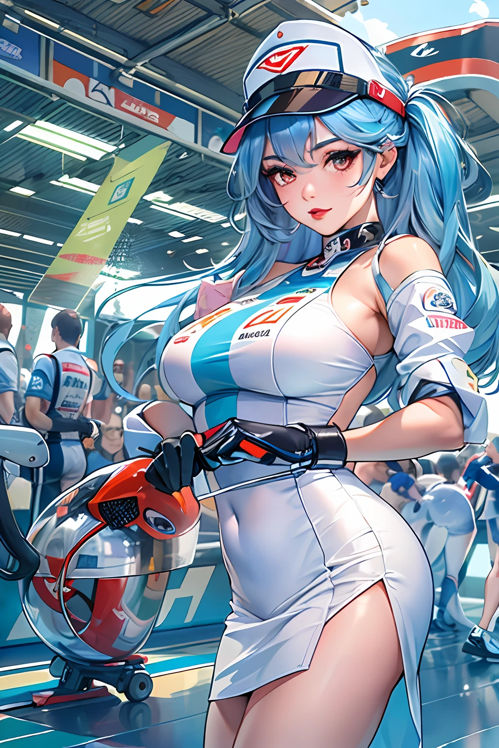 (masterpiece:1.4)、(top-quality:1.4)、
1girl in, Bewitching Grid Girl, Blue hair, looking at the viewers, 独奏 ,realisitic,(shinny skin),(masterpiece:1.4),(top-quality:1.4),red-lips,racing venue