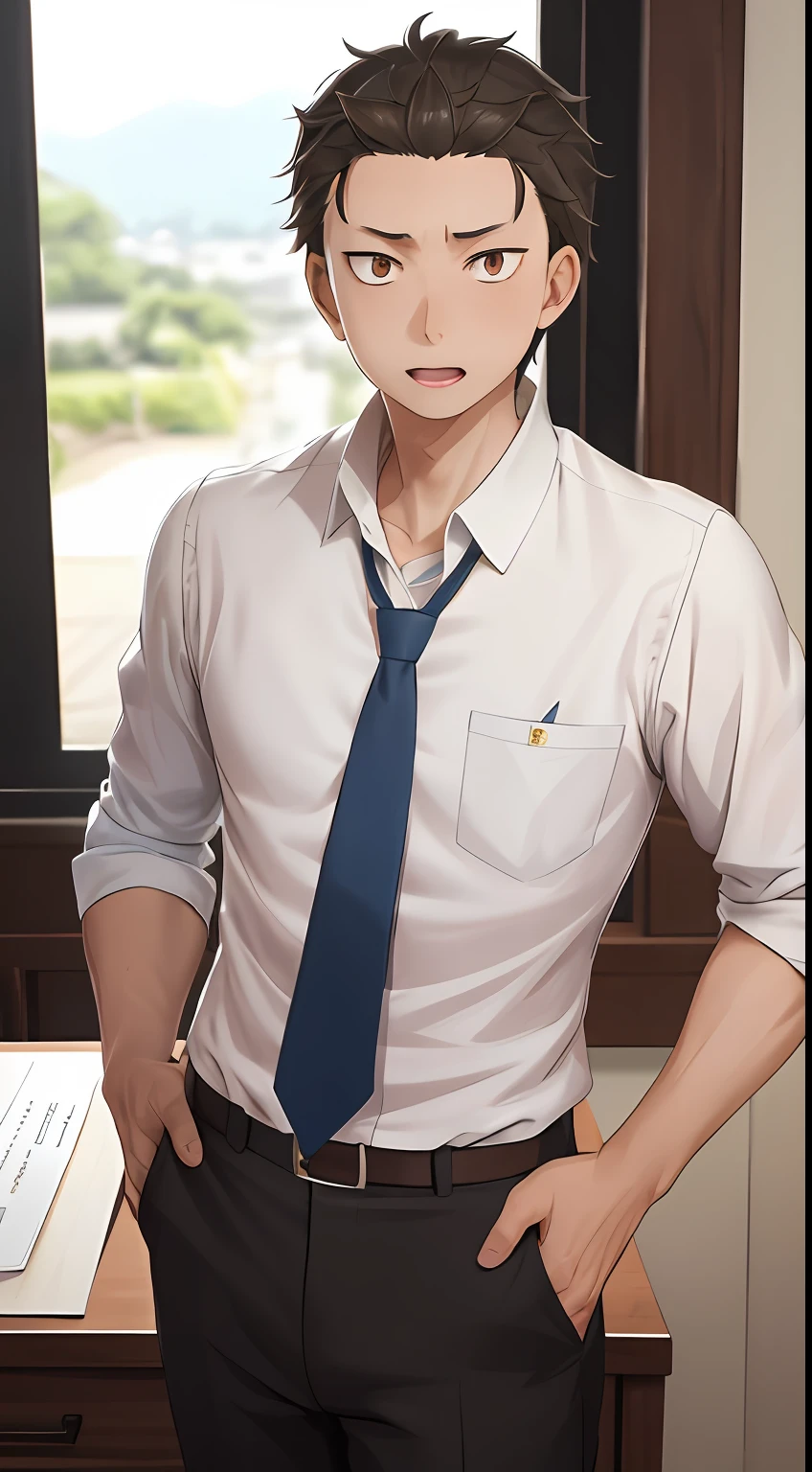 A high resolution， Sharp focus， Pixiv masterpiece， （（Complicated details））， highly  detailed， natsuki_subaru， 1 man， with her mouth open，full bodyesbian， with brown eye， brunette color hair， The shirt，a blue tie，trousers，thongs，look from down